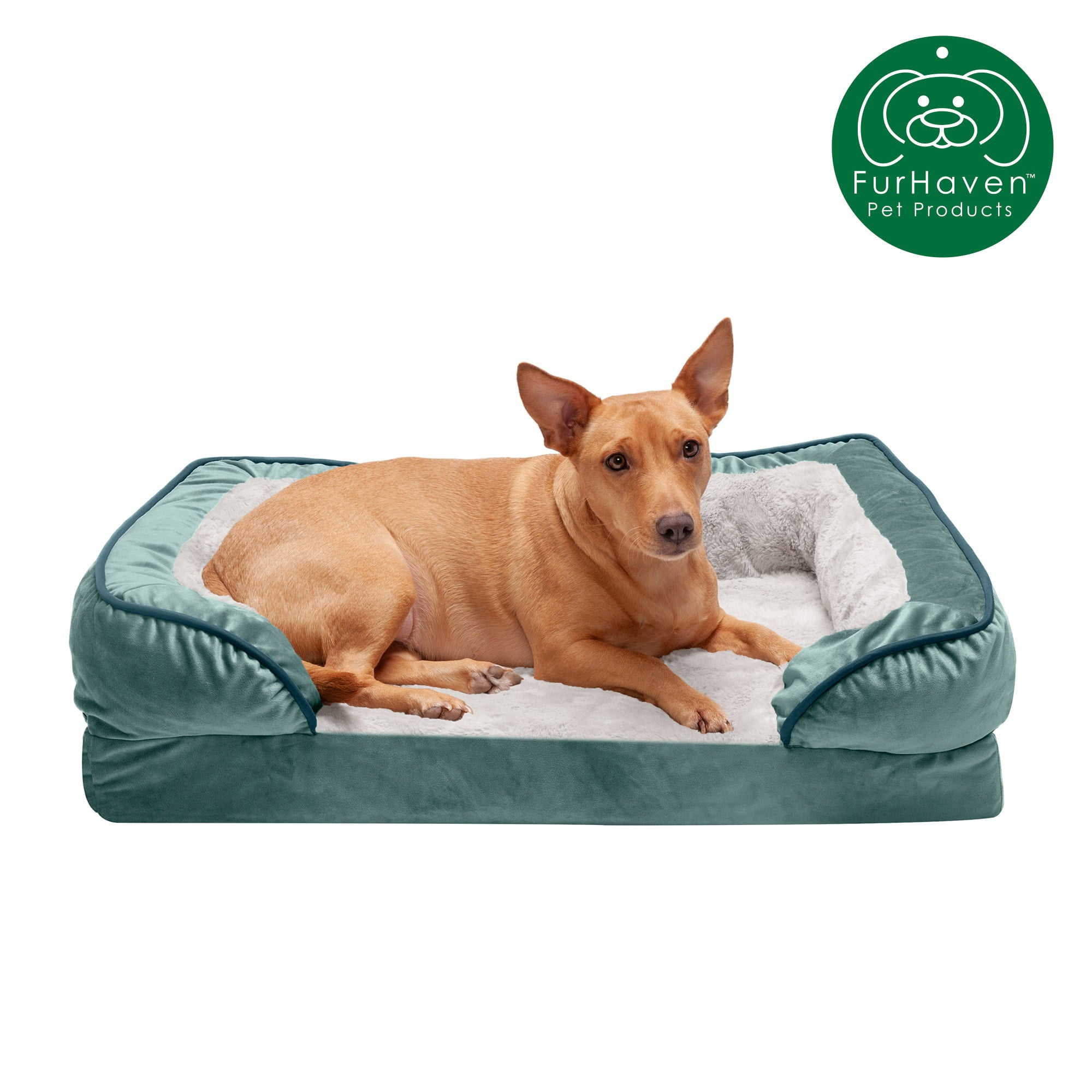 FurHaven Pet Products | Convolute Orthopedic Perfect Comfort Velvet Waves Sofa-Style Couch Pet Bed for Dogs and Cats， Celadon Green， Medium