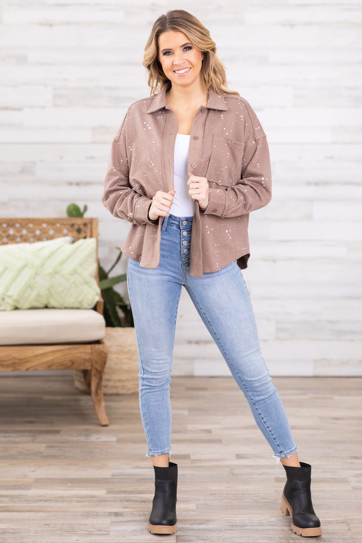 Mocha Bleach Splatter Knit Jacket