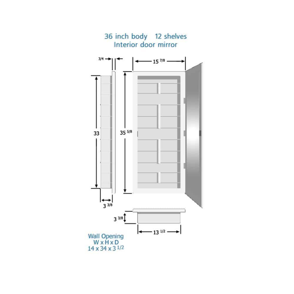 ZACA SPACECAB Media 16 in x 36 in x 312 in Frameless Recessed 1Door Medicine Cabinet with 12Shelves and Polished Edge Mirror