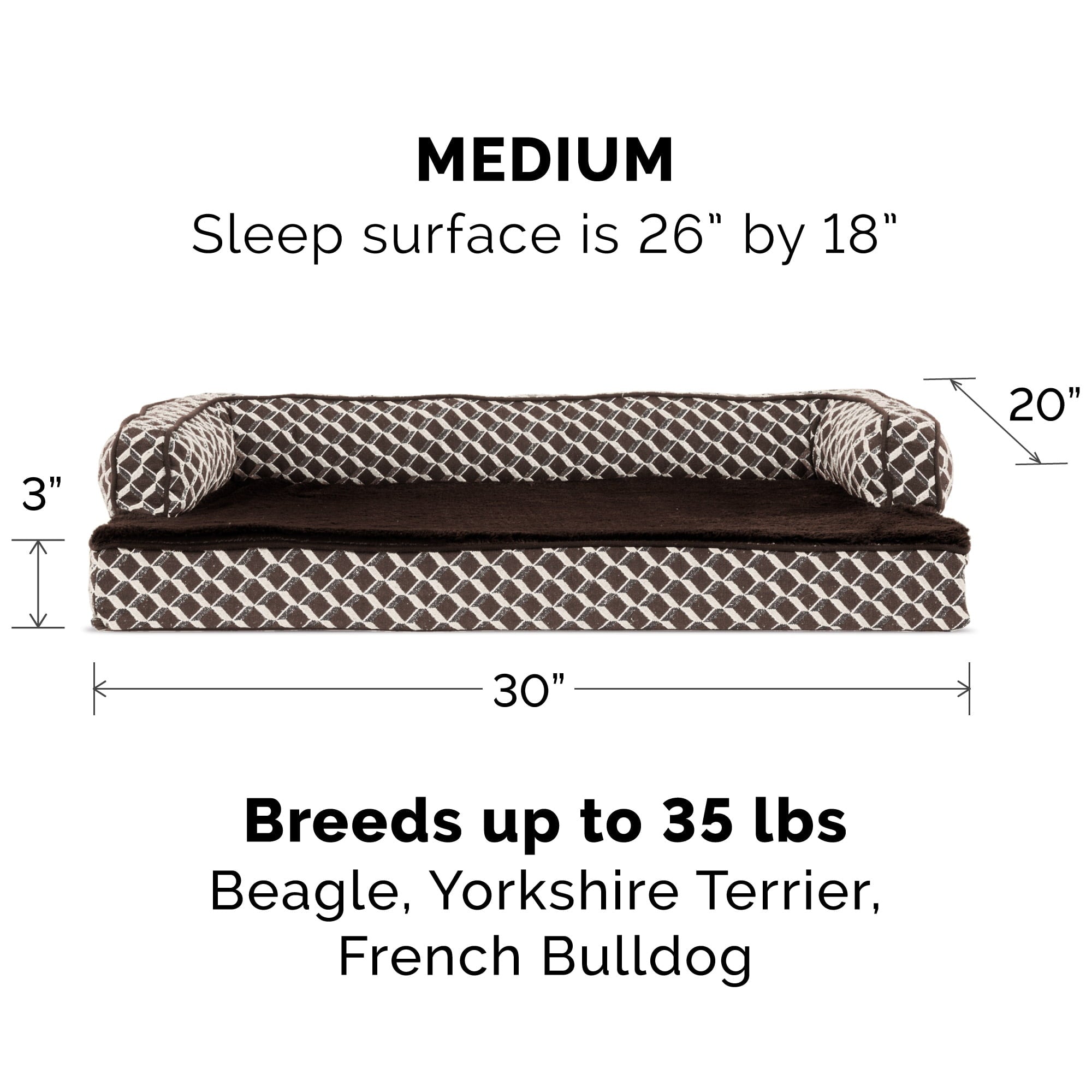 FurHaven Pet Products | Memory Foam Plush and Decor Comfy Couch Sofa-Style Pet Bed for Dogs and Cats， Diamond Brown， Medium