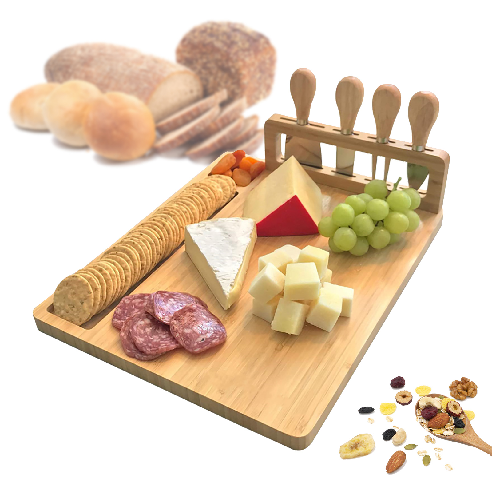 Cheese Board and Knife Set，Charcuterie Platter and Serving Meat Board Bamboo Cheese Board with Cheese Knife Set 35.5 x 28 cm - Wooden Serving Plate for Cheese Serving Board Wooden Cheese Board or Chop