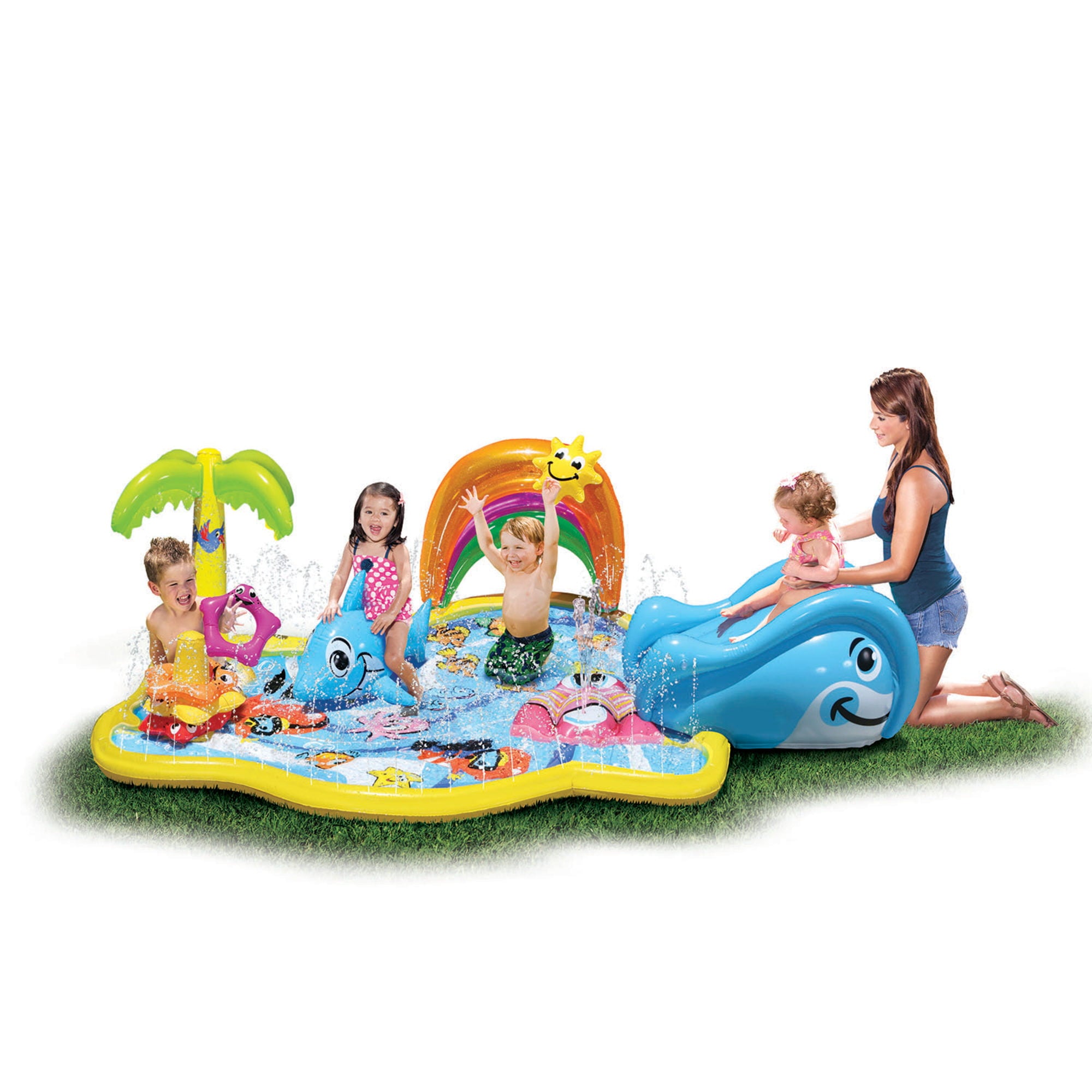 Banzai Splish Splash Water Park JR， Length: 90 in， Width: 52 in， Height: 24 in， Junior Inflatable Outdoor Backyard Water Splash Toy