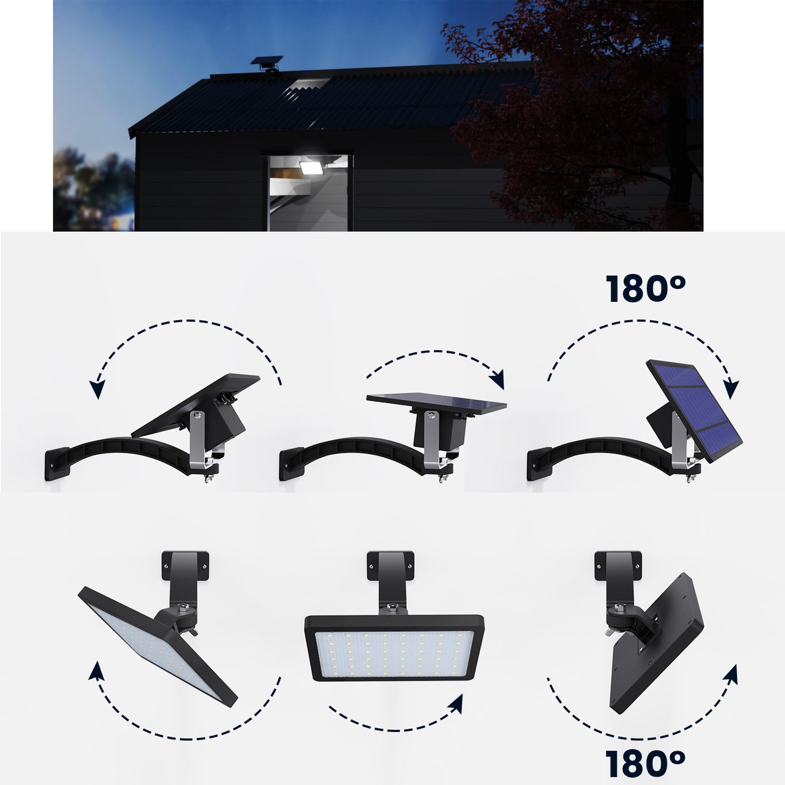 JACKYLED Solar Lights Outdoor Flood Light 1000LM 5500mAh for Wall Porch Shed Barn Garage Waterproof