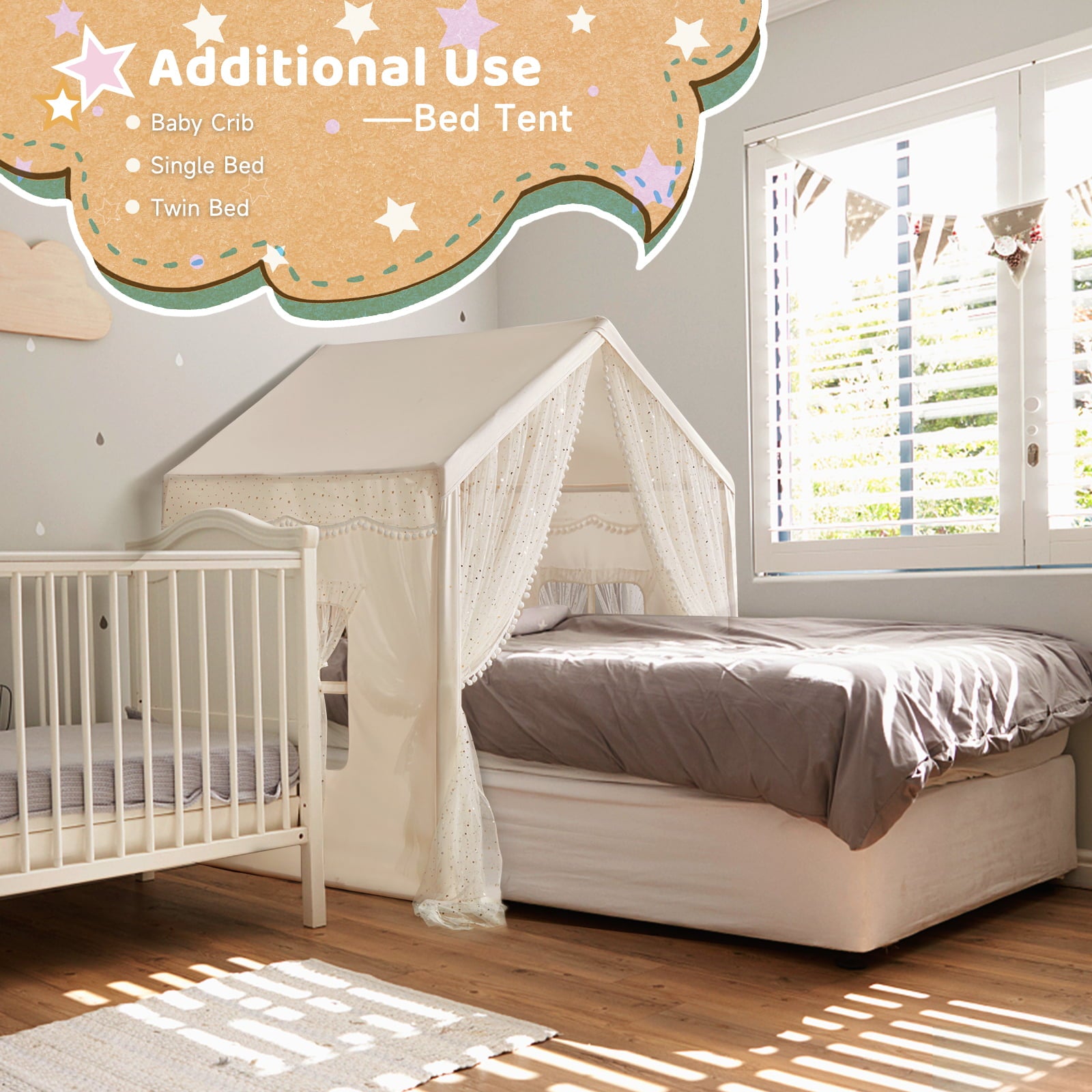 LOAOL Large Kids Tent with LED Lights&Travel Bag, Princess Castle Toddler Play Tent Indoor and Outdoor Playhouse, White Cotton Canvas