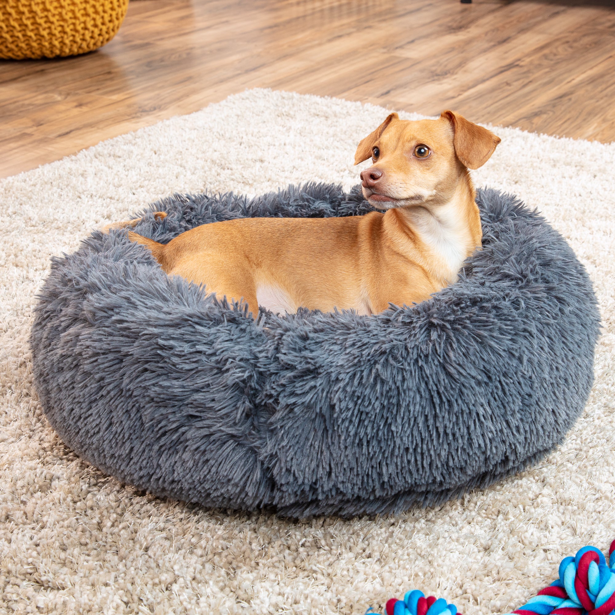 Best Choice Products Self-Warming Plush Faux Fur Donut Calming Dog Bed Cuddler w/ Water-Resistant Lining - Gray