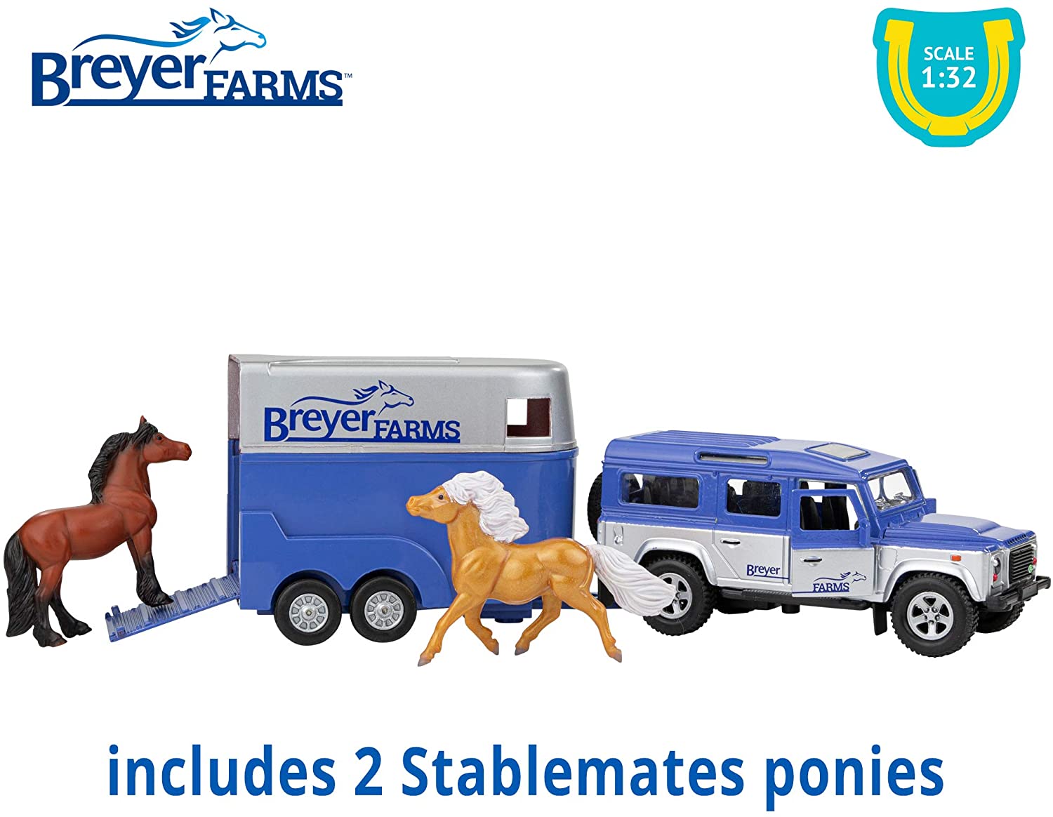 Breyer Farms 1:32 Scale Land Rover and Tag-a-Long Trailer with 2 Stablemates Horses Action Figure Set， 4 Pieces