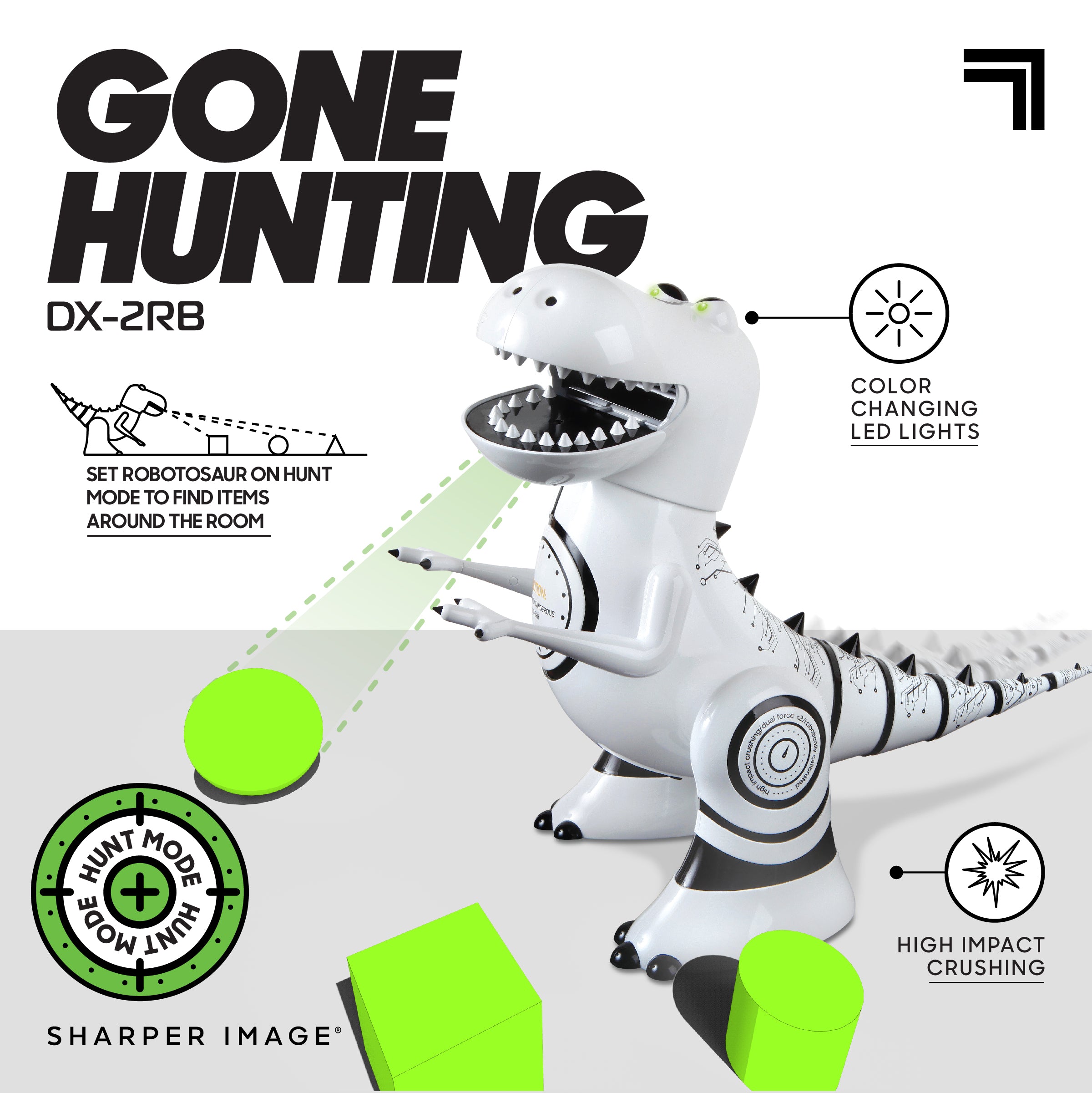 Sharper Image Interactive RC Robotosaur Dinosaur， Built-in Mood Sensors and Color-Changing LED Eyes， Motion Detection， Growls， Snores， Battery Operated- White/Black