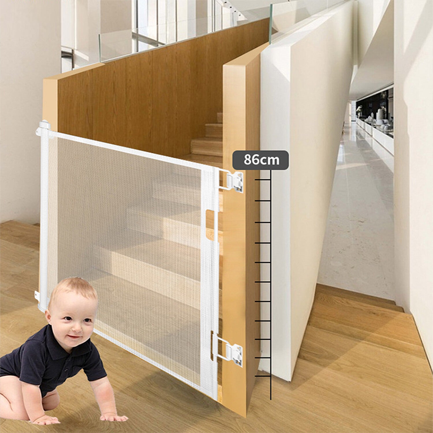 LINGJIA Baby Safety Gate Retractable Retractable Baby Gate Door Extra Wide Child Pet Dog Indoor/Outdoor Stairs Extra Wide 59in， Extra Tall 34 in， White