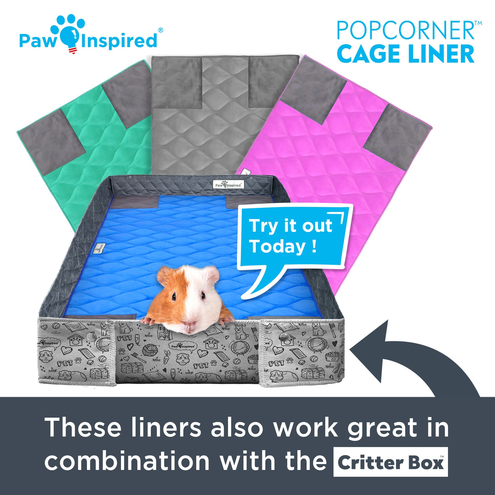 Paw Inspired PopCorner Guinea Pig Fleece Cage Liners for Midwest and CandC | Fleece Bedding for Guinea Pigs， Ferrets， Rabbits， Hamsters， Small Animals | Reinforced Corners Pee Pads (Midwest， Green)