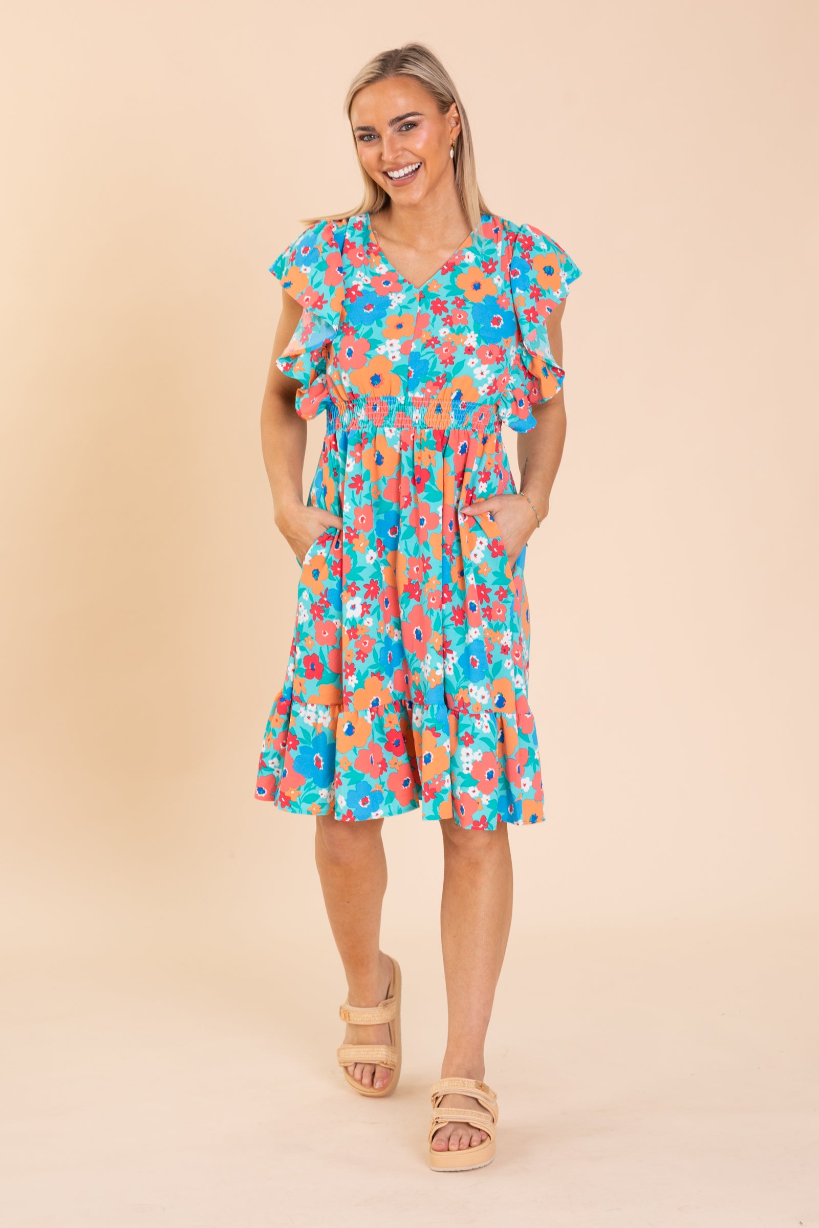 Seafoam Smocking Waist Ruffle Sleeve Dress