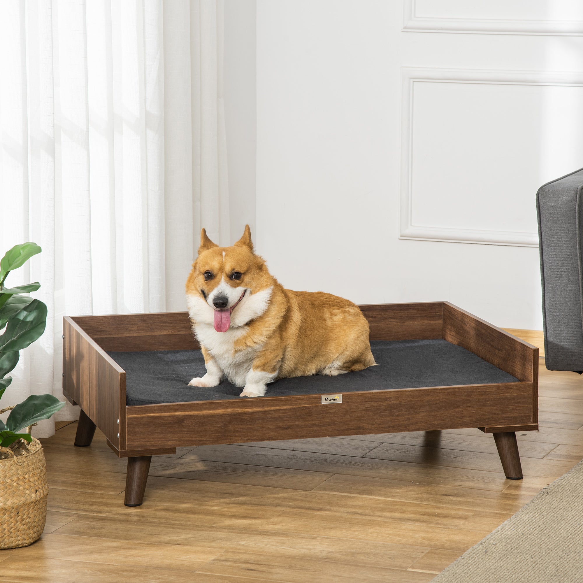 Pawhut Elevated Dog Bed， Wooden Pet Sofa Raised Dog Couch with Soft Cushion， Brown and Black