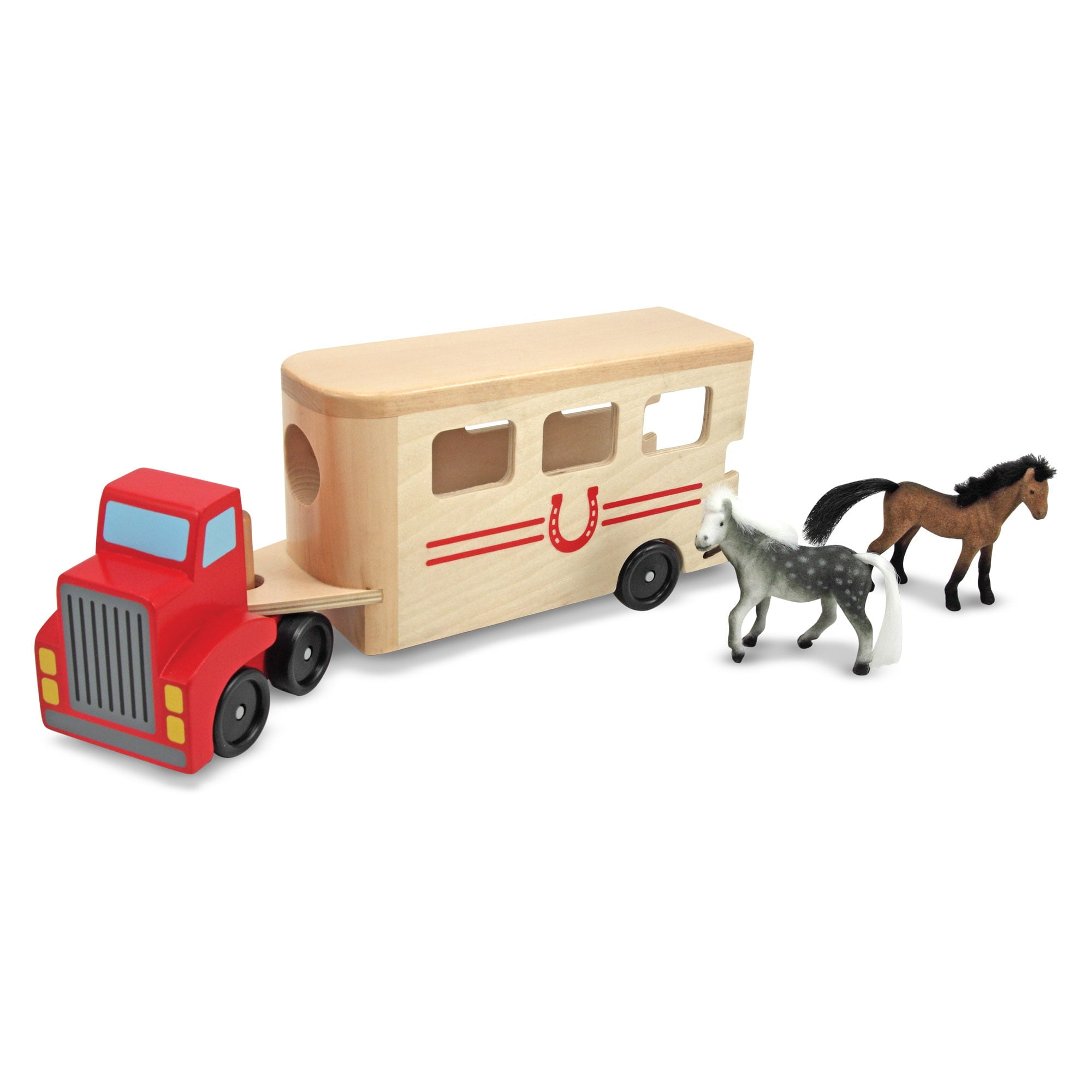 Melissa and Doug Horse Carrier Wooden Vehicle Play Set With 2 Flocked Horses and Pull-Down Ramp