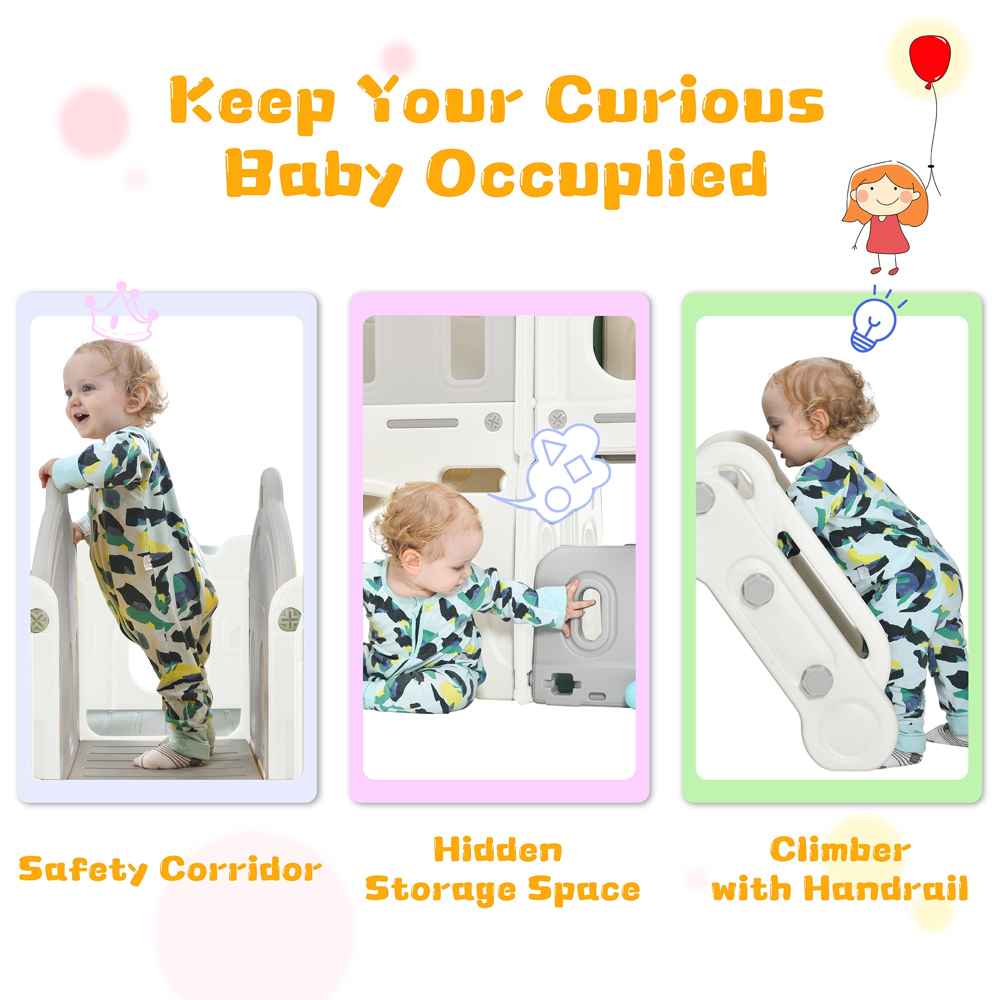 OWSOO Slide Playset Structure， Freestanding Castle Climber with Slide and Basketball Hoop， Storage Organizer for Toddlers， Climbers Playhouse for Indoor Outdoor Playground Activity