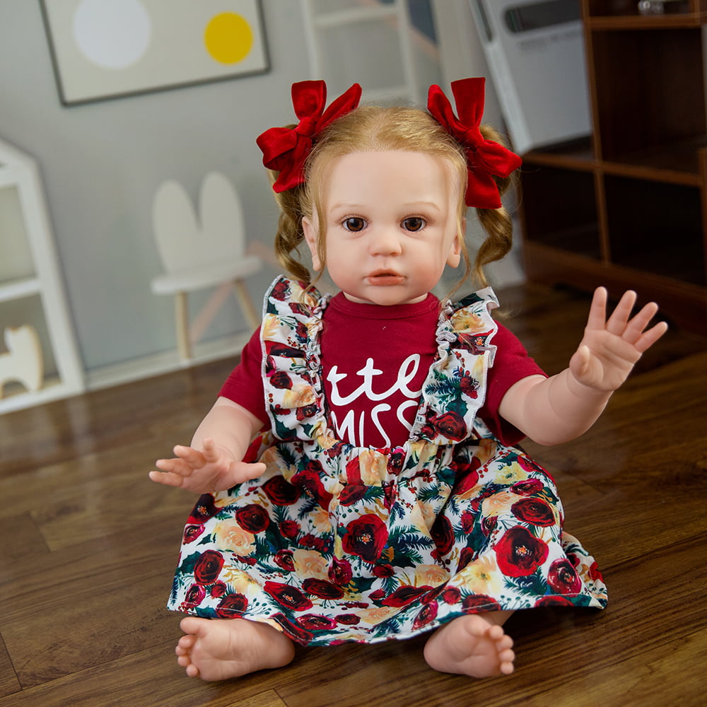 Reborn Baby Dolls 24'' Soft Body Handmade Baby Doll Big Brown Eyes Children Birthday Christmas Gift for 3+ Years