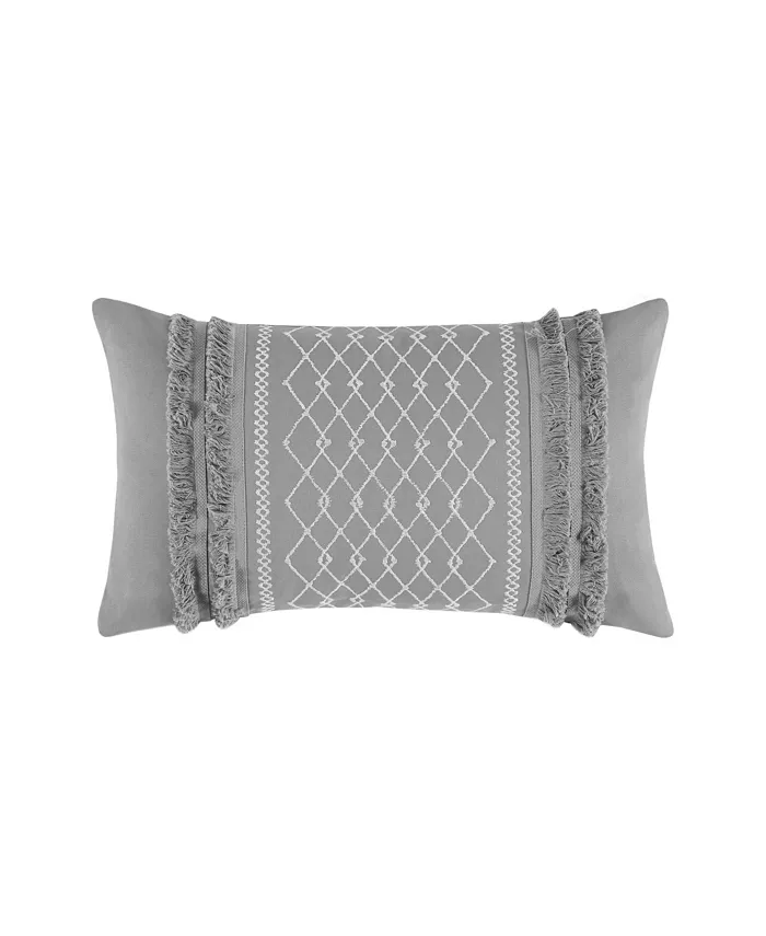 Gracie Mills Bea Embroidered Cotton Oblong Pillow with Tassels - Grey， 12 X20