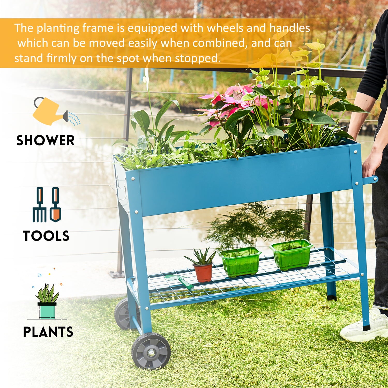 Pushable Blue Metal Raised Garden Bed, Outdoor/Indoor Garden Pots with Handles, Wheels and Shelves, Apartment Patio Stand for Vegetables Flowers Fruits from EXCITED WORK-37.4 inches long