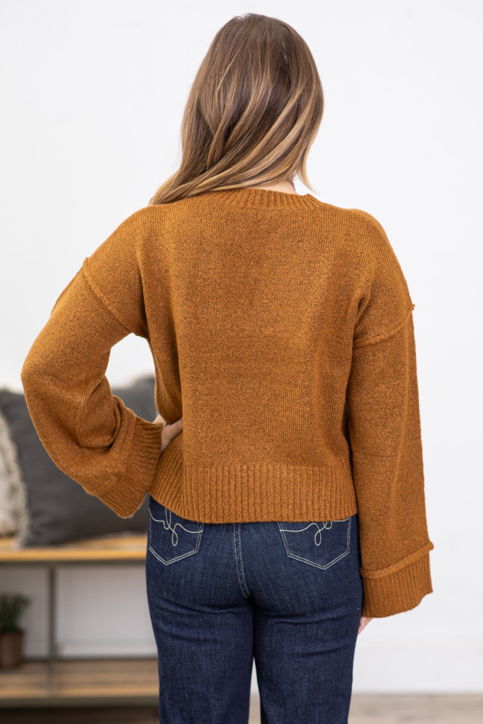 Copper Ribbed Trim Crew Neck Sweater