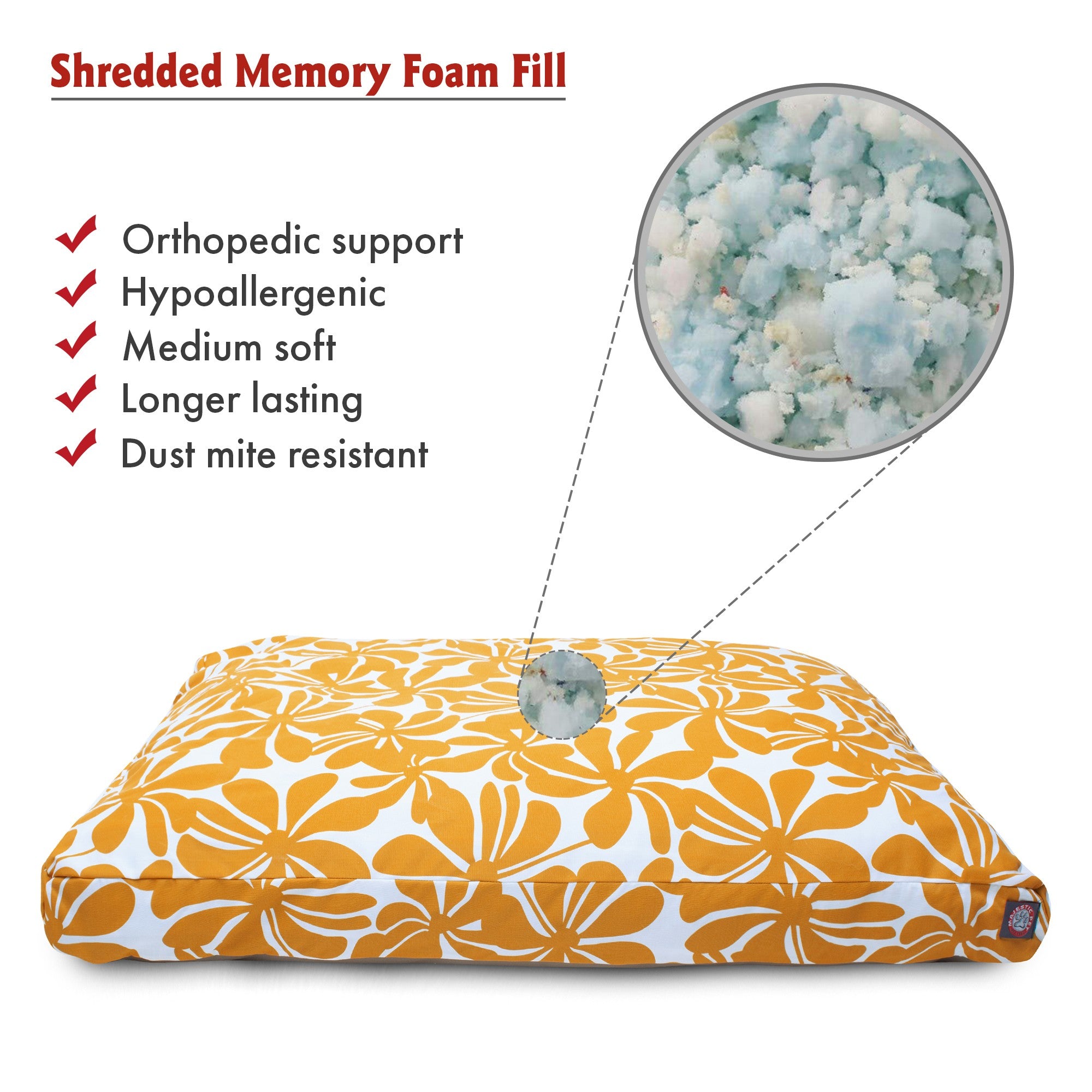 Majestic Pet | Plantation Shredded Memory Foam Rectangle Pet Bed For Dogs， Removable Cover， Yellow， Medium