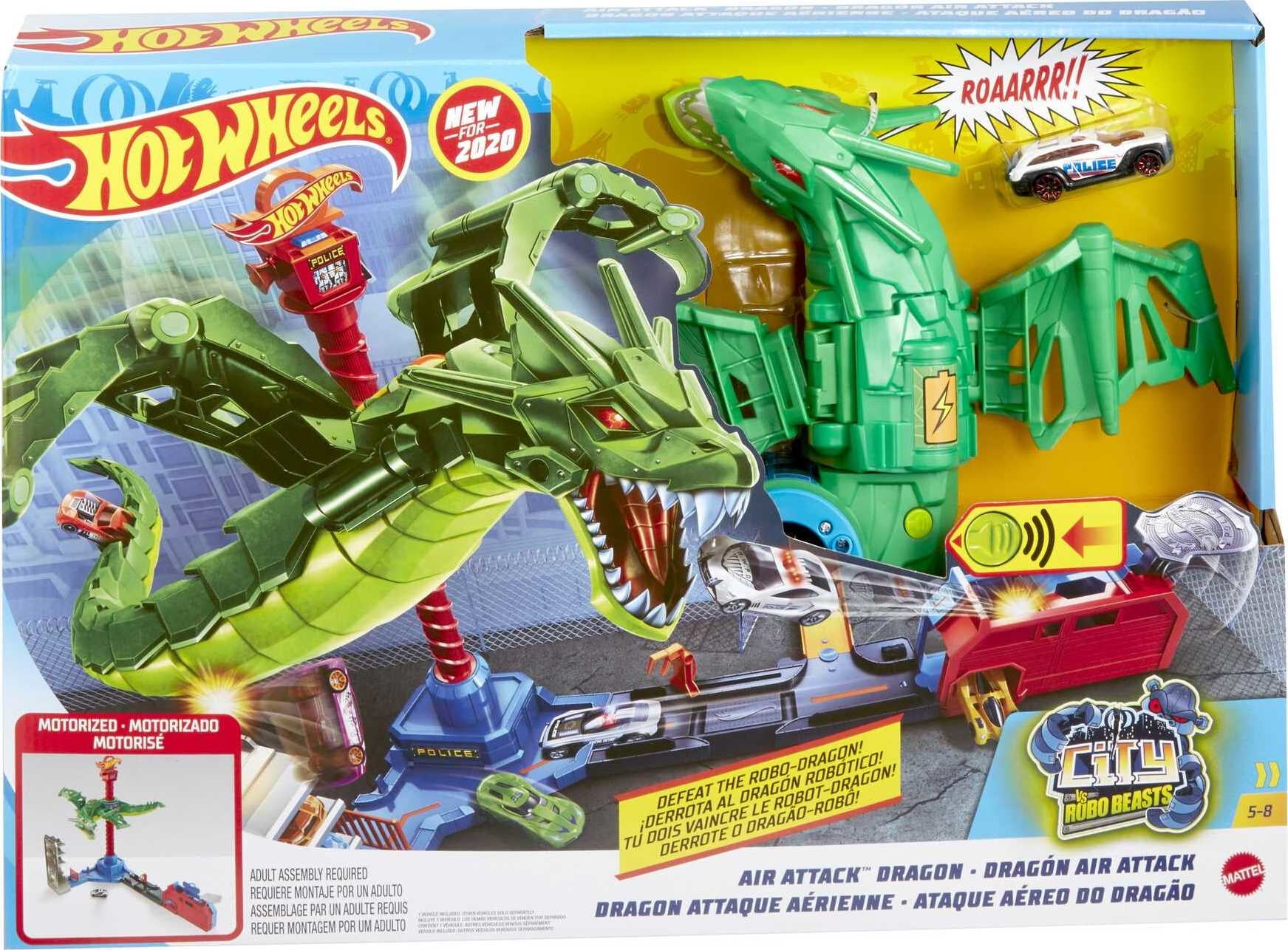 Hot Wheels Air Attack Dragon Track Set， Motorized Robo Dragon with 1 Toy Car in 1:63 Scale