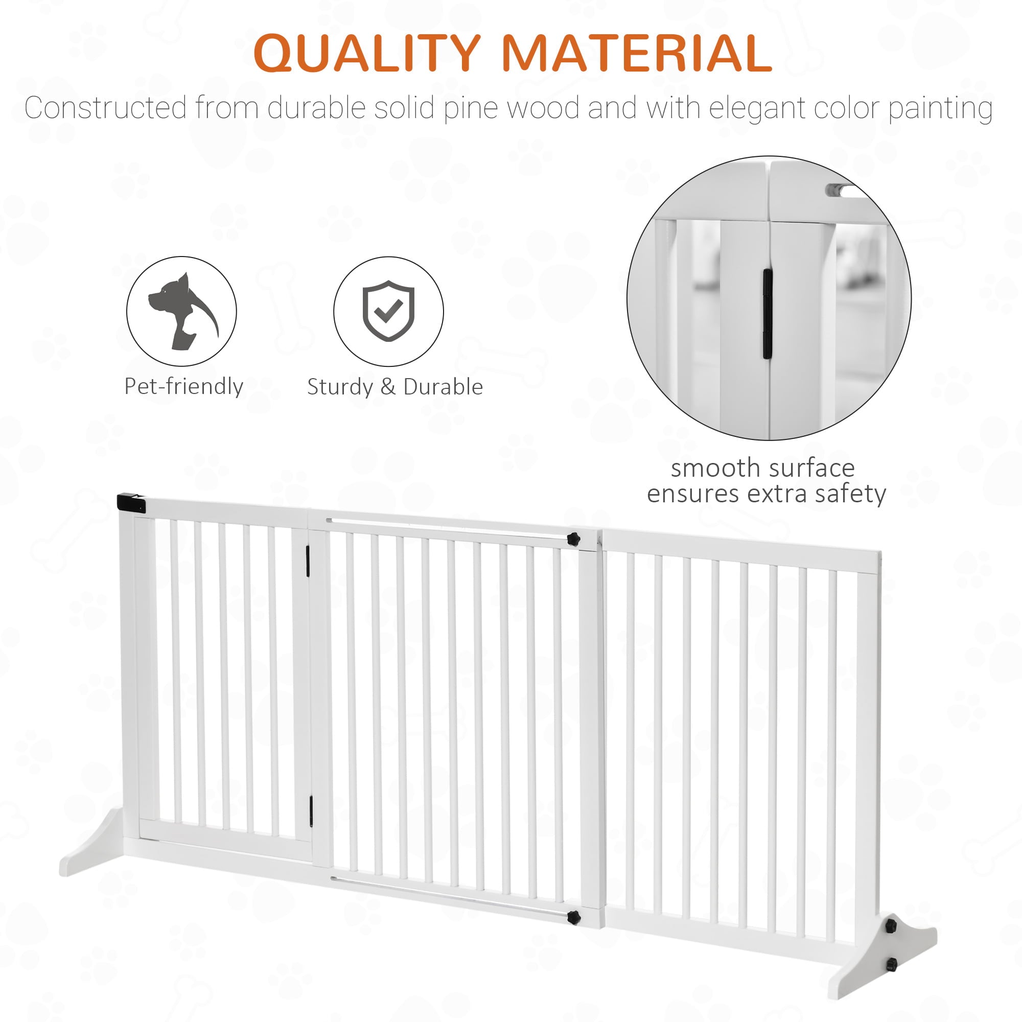 PawHut Wooden Freestanding Pet Gate Adjustable w/ Door Lock Safe Barrier White