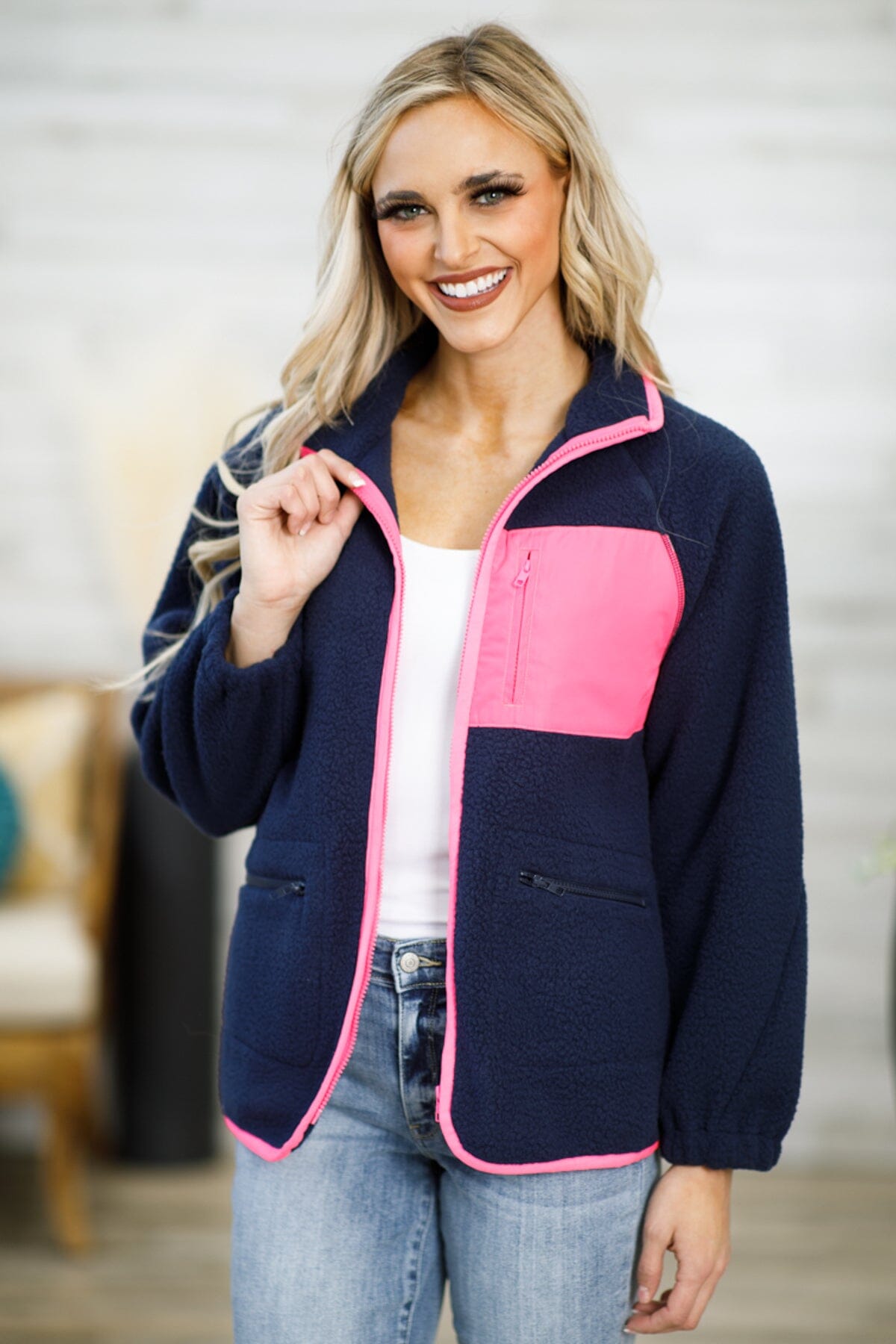 Navy and Hot Pink Full Zip Sherpa