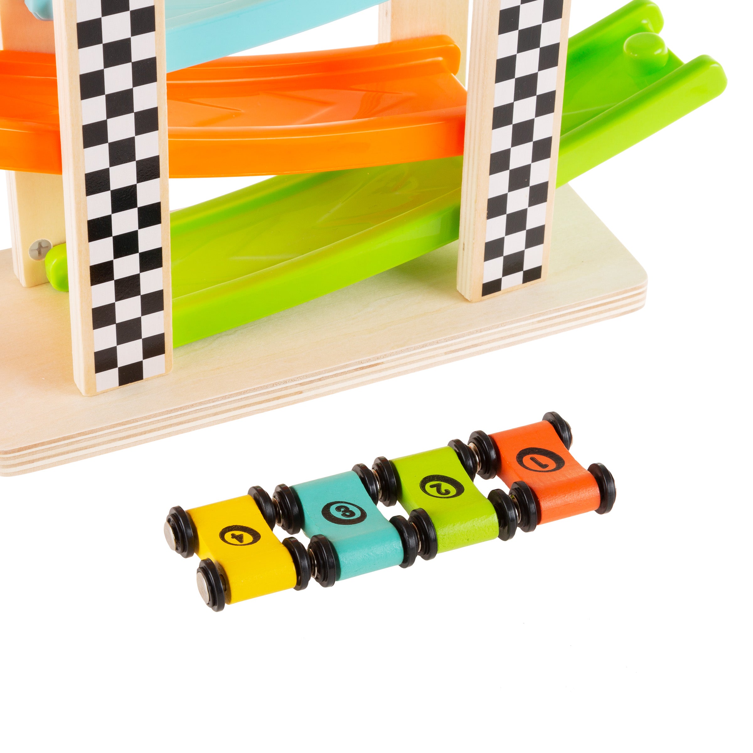 Toy Race Track and Racecar Set- Wooden Car Racer with 4 Colorful Cars by Hey! Play!