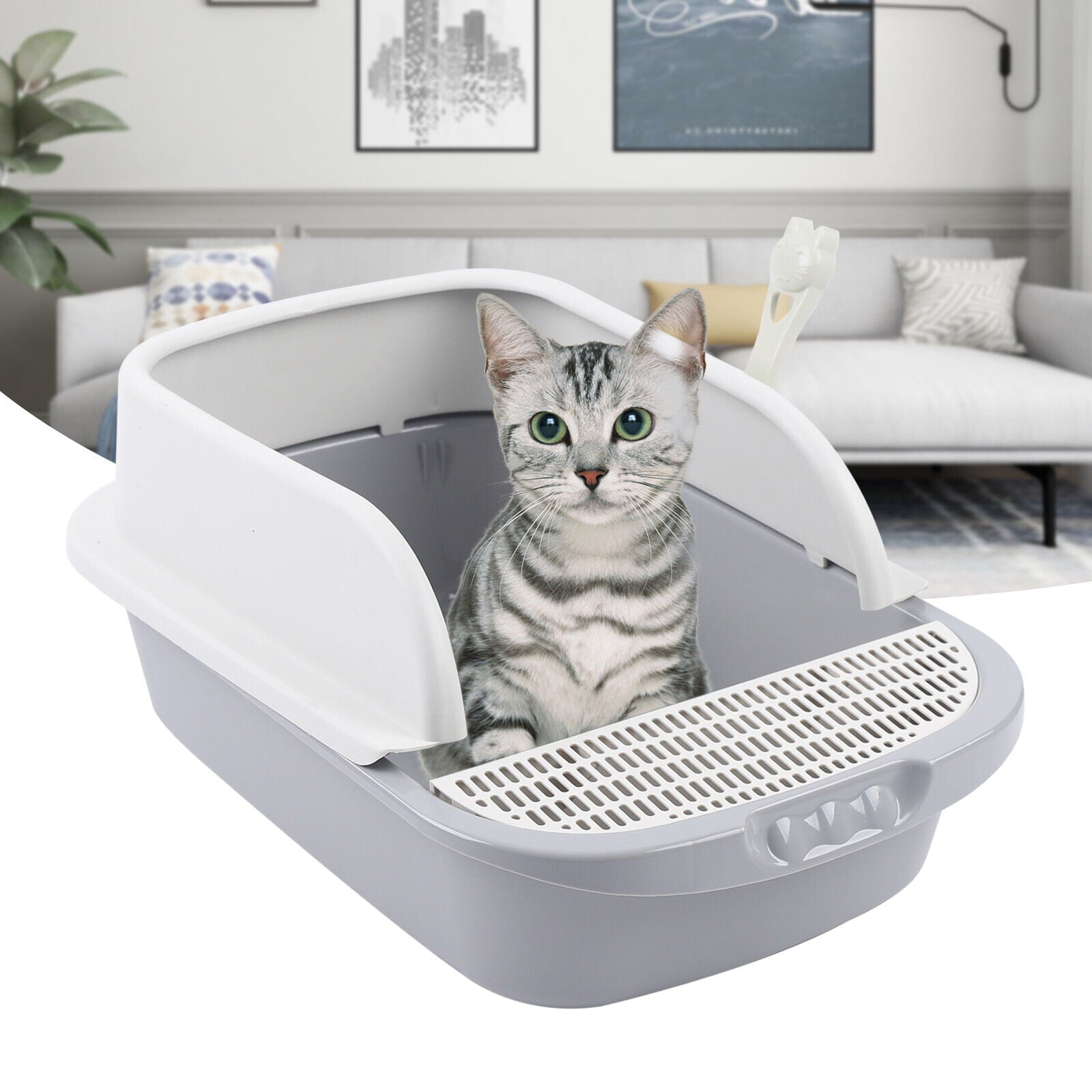 Semi-Closed Portable Cleaning Cat Litter Box Plastic Clean Trapper Gray