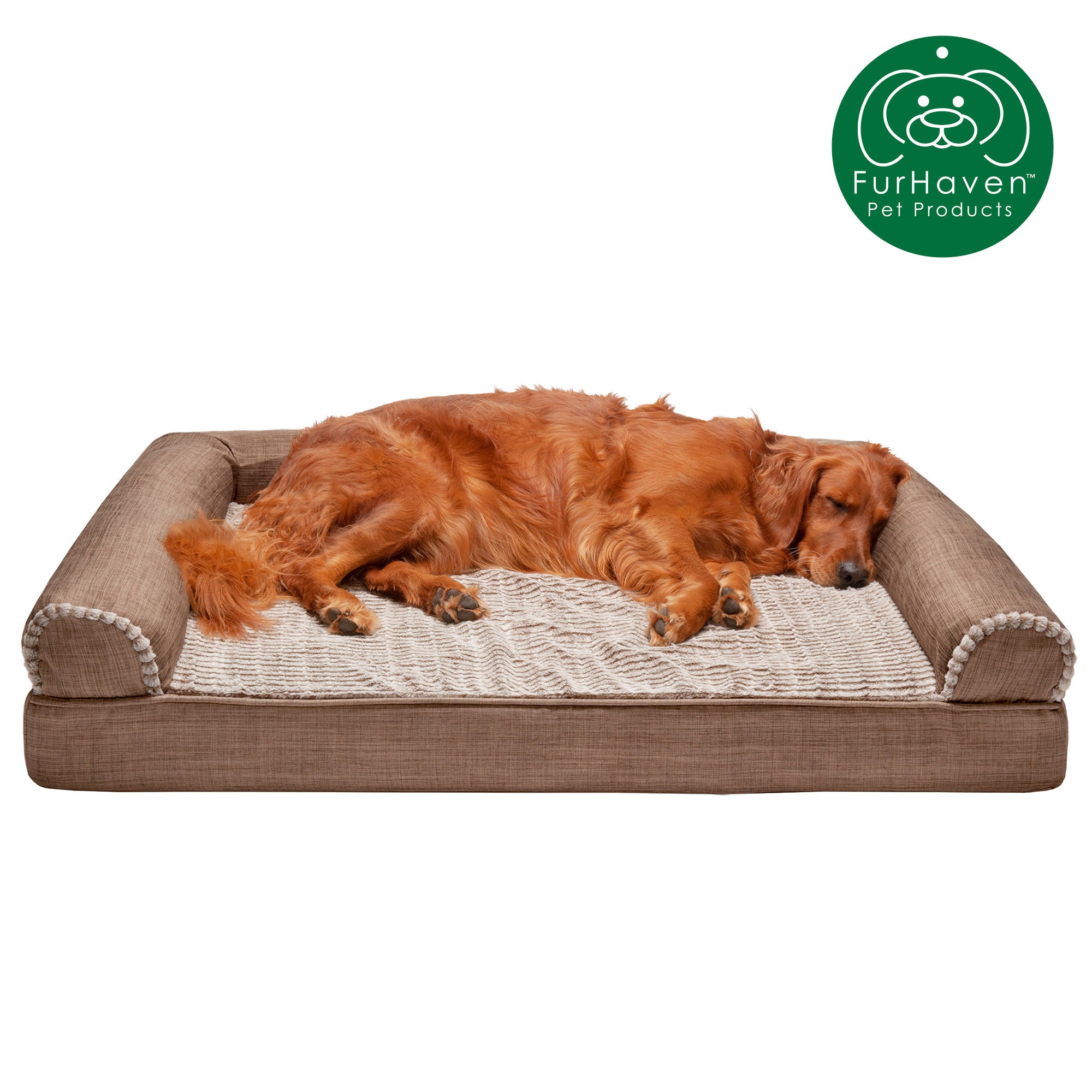 FurHaven Pet Products | Memory Foam Luxe Fur and Performance Linen Sofa Pet Bed for Dogs and Cats - Woodsmoke， Jumbo