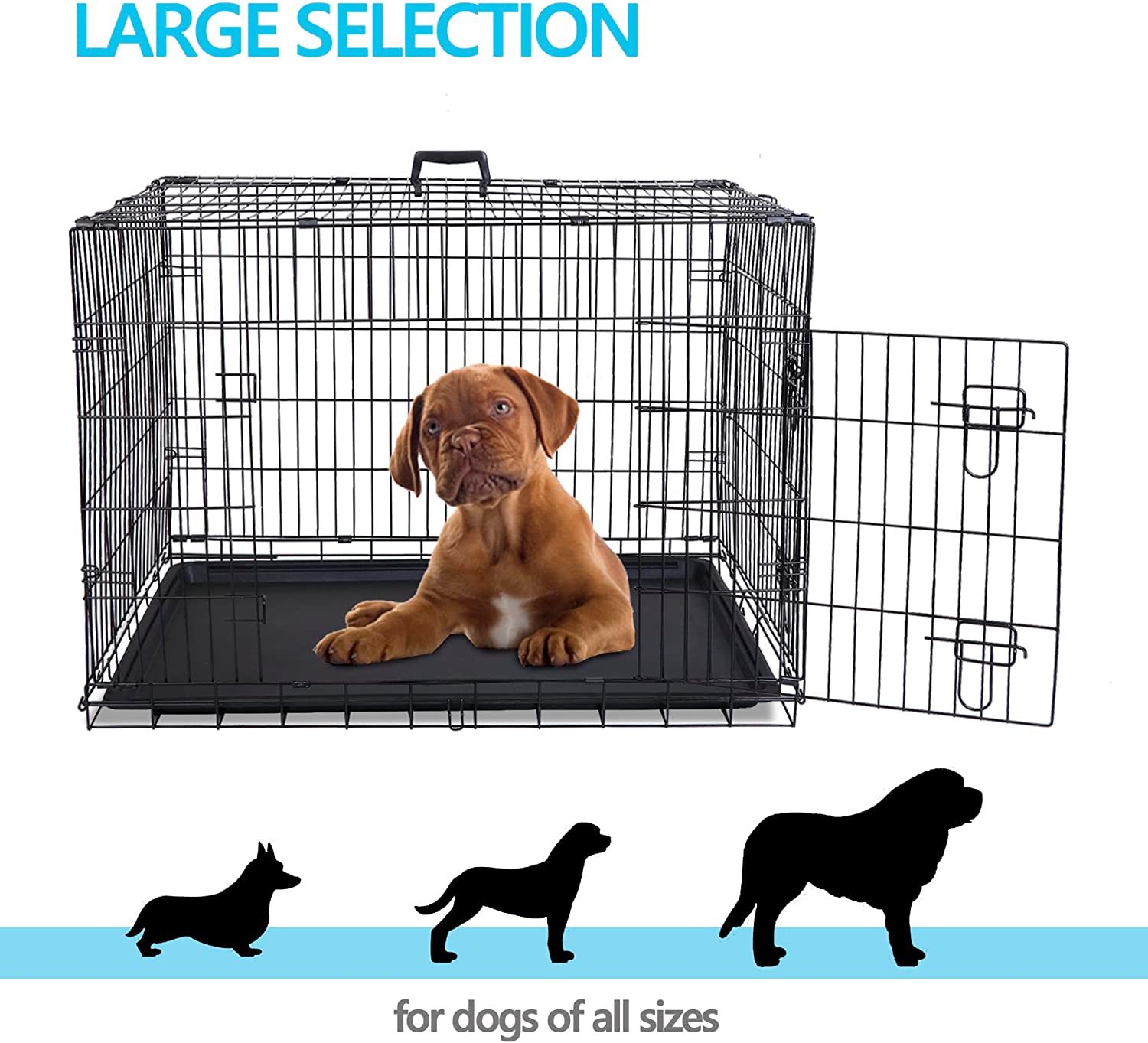 30/36/42Inches Double Door Dog Crate Folding Metal Wire Dog Kennel Cage with Tray for Small/Medium/Large Dogs Indoor Outdoor Travel Use