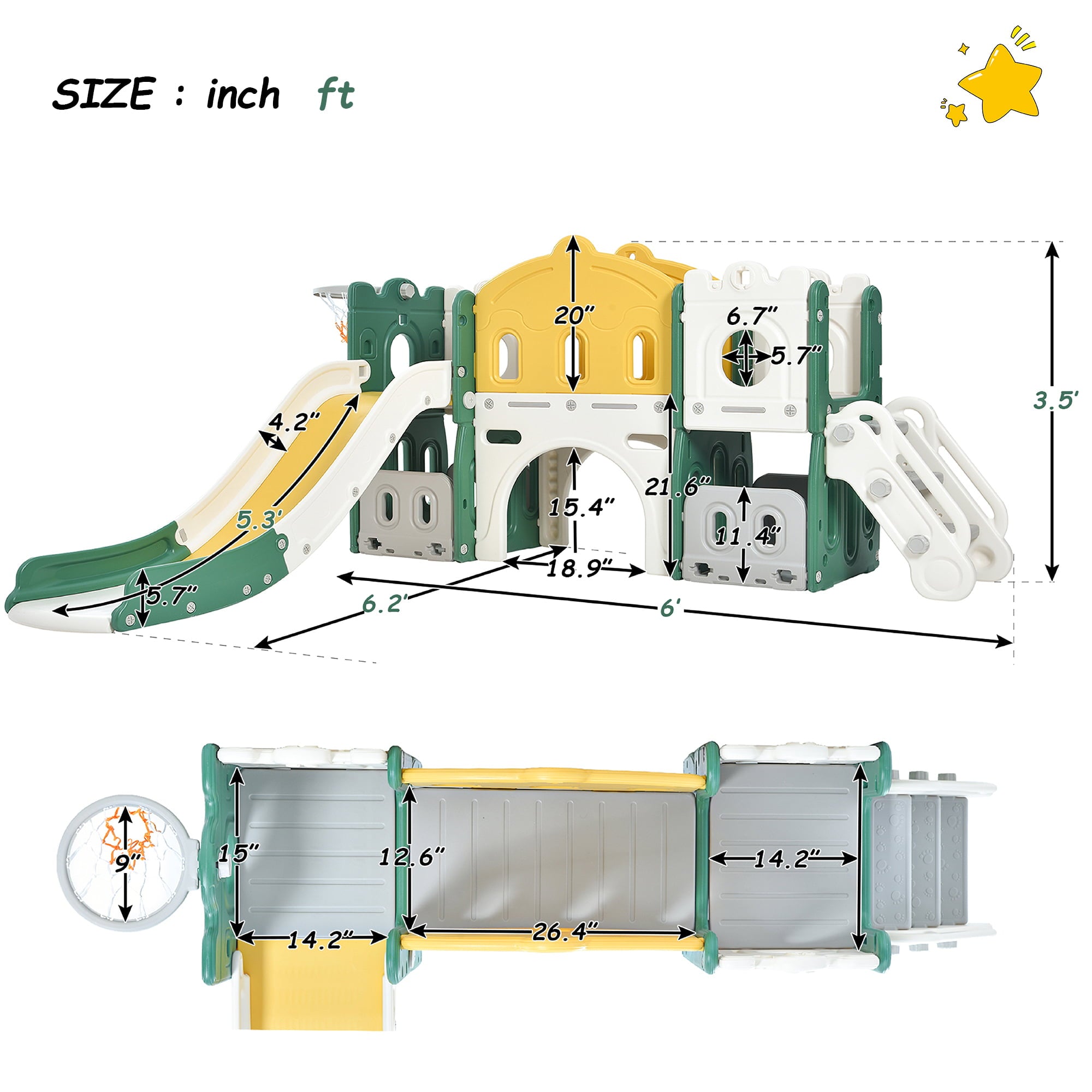 Petsdo Kids Slide Playset Structure， Freestanding Castle Climber with Slide and Basketball Hoop， Toy Storage Organizer for Toddlers， Kids Climbers Playhouse for Indoor Outdoor Playground Activity