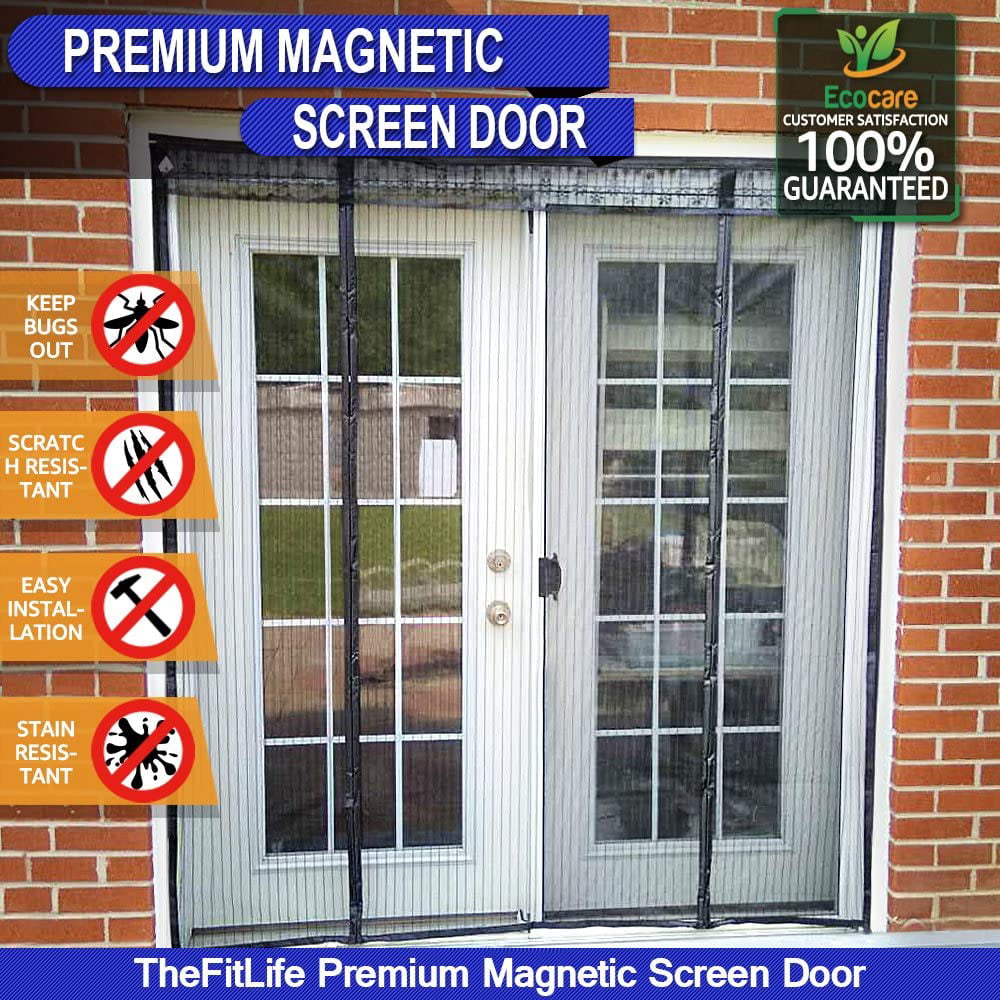 TheFitLife Double Door Magnetic Screen - Mesh Curtain with Full Frame Hook and Loop Powerful Magnets， Snap Shut Automatically for Patio， Sliding Or Large Door (Black Fits Doors up to 60''x80'' Max)