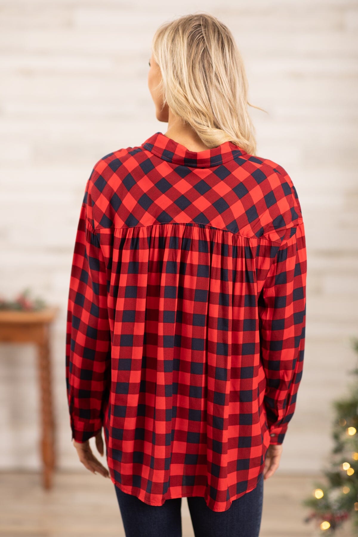 Red Buffalo Plaid Hi Lo Button Up Top