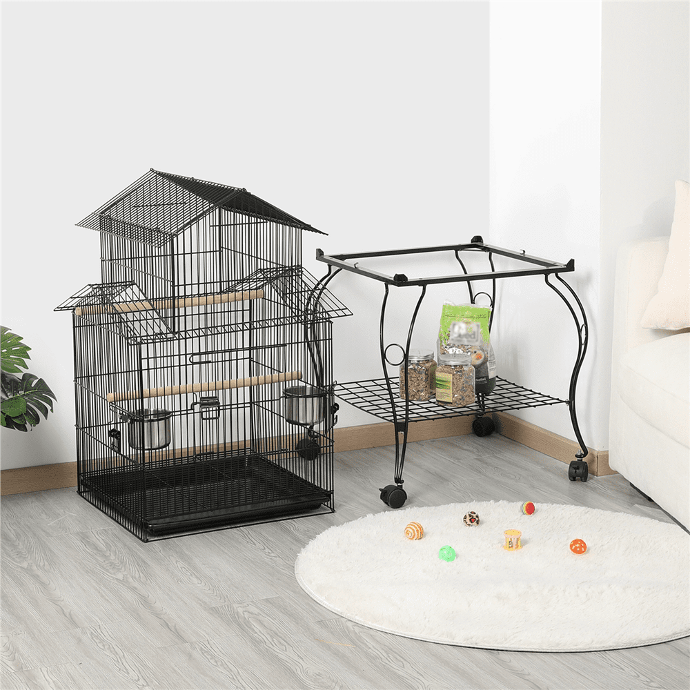 Easyfashion Large Metal Rolling Bird Cage Parrot Aviary Canary Pet Perch With Stand， Black