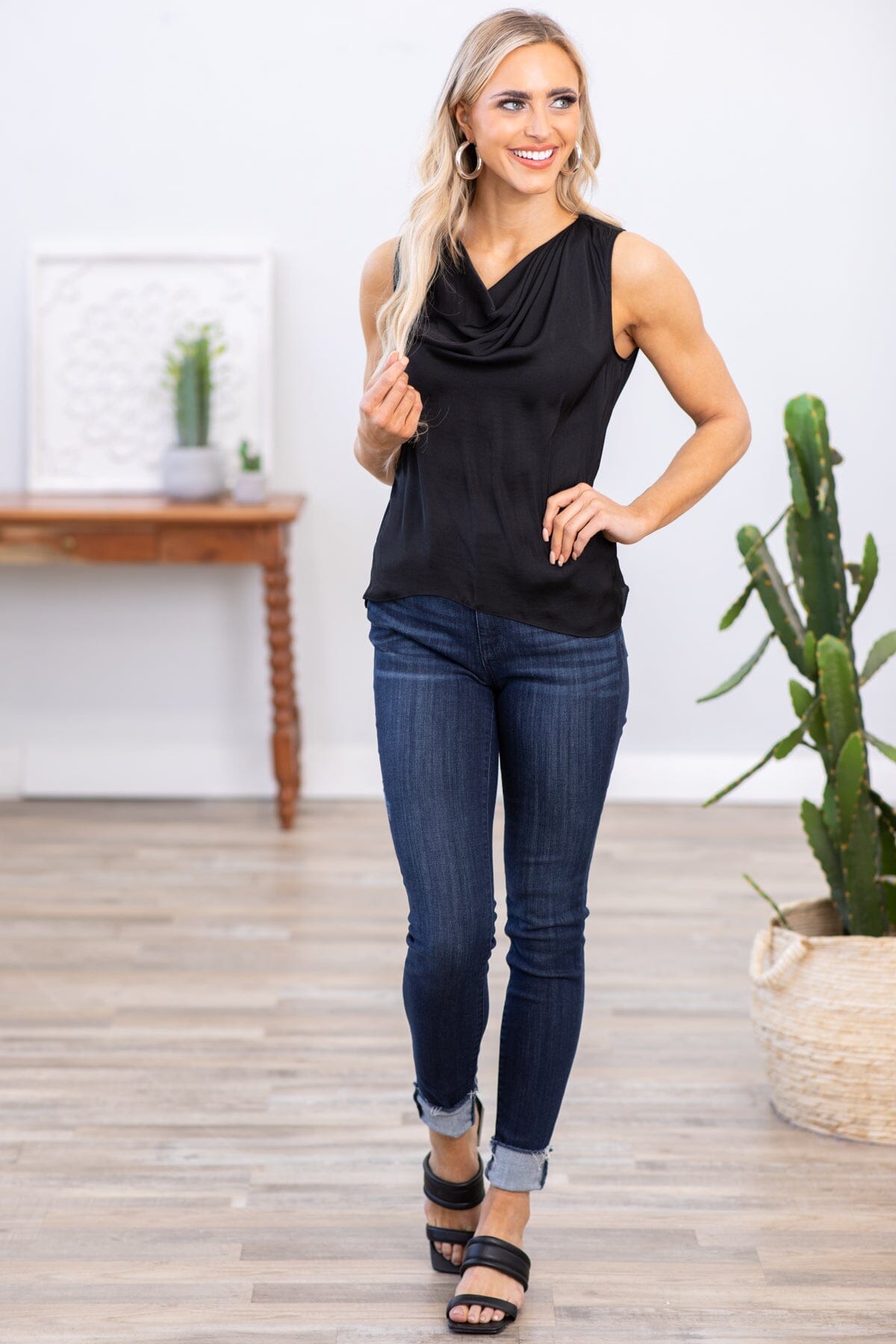 Black Drape Neck Textured Tank