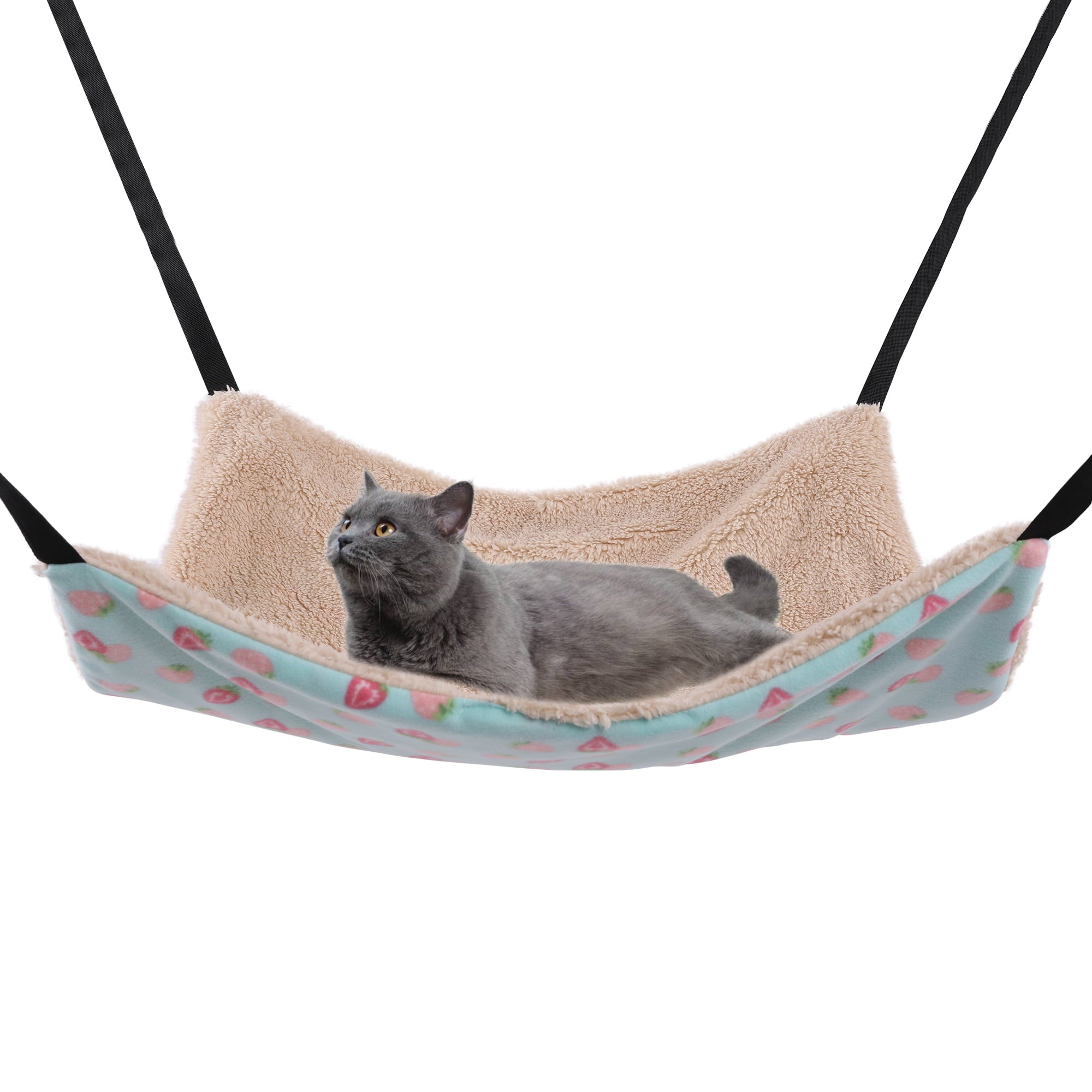 PUMYPOREITY Cat Hanging Hammock Bed， Soft Plush Cat Hanging Bed， Pet Cage Hammock with Adjustable Straps and Metal Hooks， Double-Sided Hanging Bed for Cat， Puppy， Piggy， Kitten， Rabbit