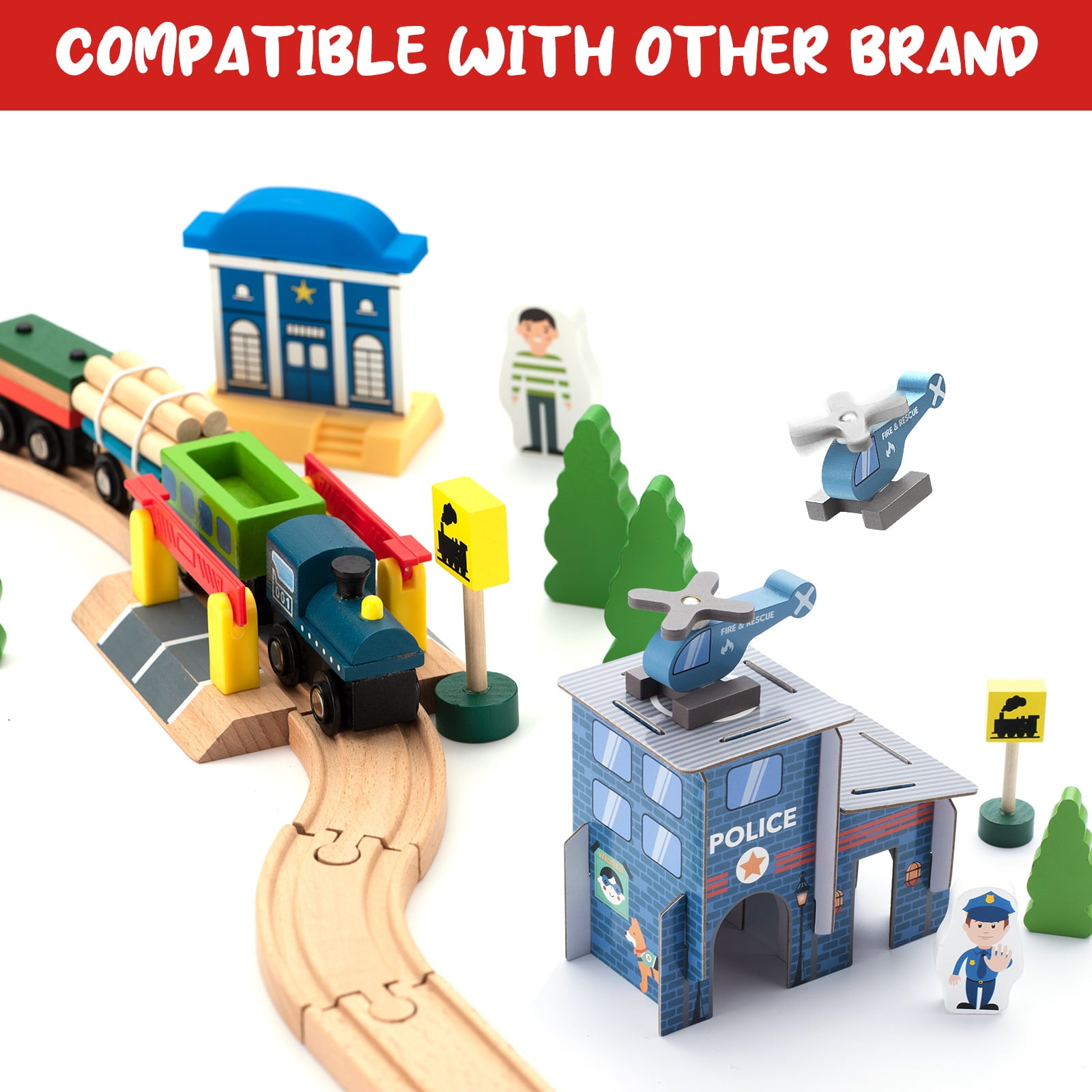 Wooden Train Set 65PCS， BetDEF Toy Train Sets with All-Wood Double Sided Train Tracks for Boys and Girls Fits Thomas， Brio， Melissa and Doug...(65PC)