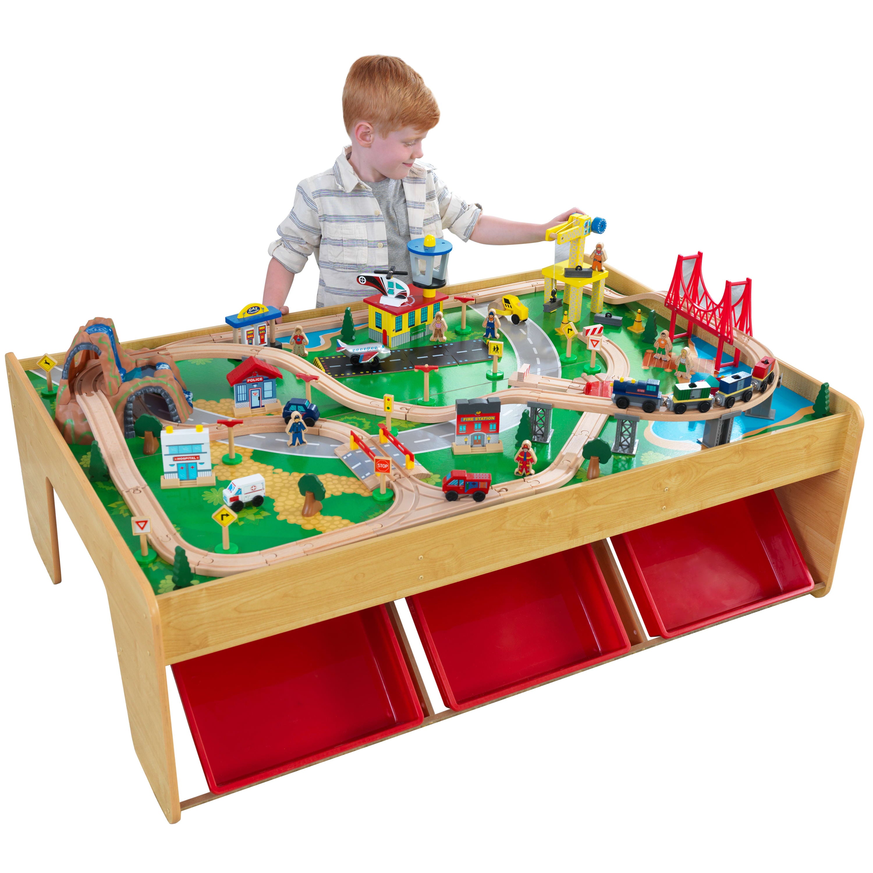 KidKraft Waterfall Mountain Wooden Train Set and Table with 120 Pieces， 3 Storage Bins