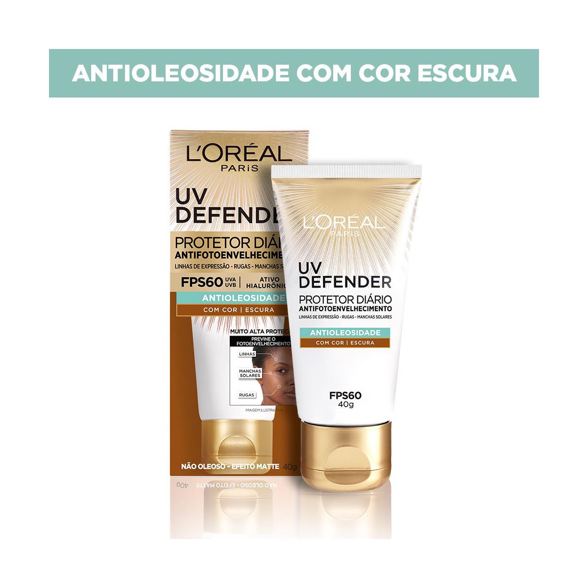 Protetor FPS 60 cor Escura L'oreal Paris UV Defender Antioleosidade
