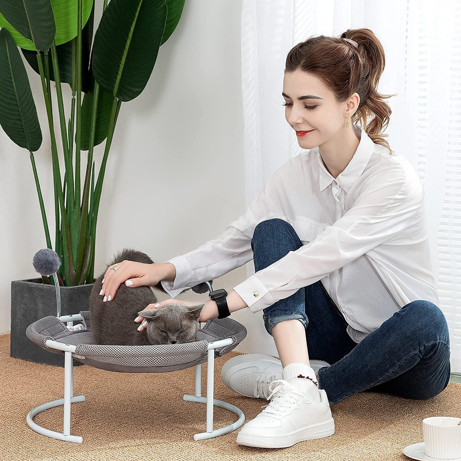 Cat Bed， Kenyone Elevated Pet Breathable Washable Hammock Bed for Cat Small Medium Dog with Plush Mat and Cat Toy Stuff Fur Ball Pet Supply for Kitty and Puppy Indoors and Outdoors (Gray)