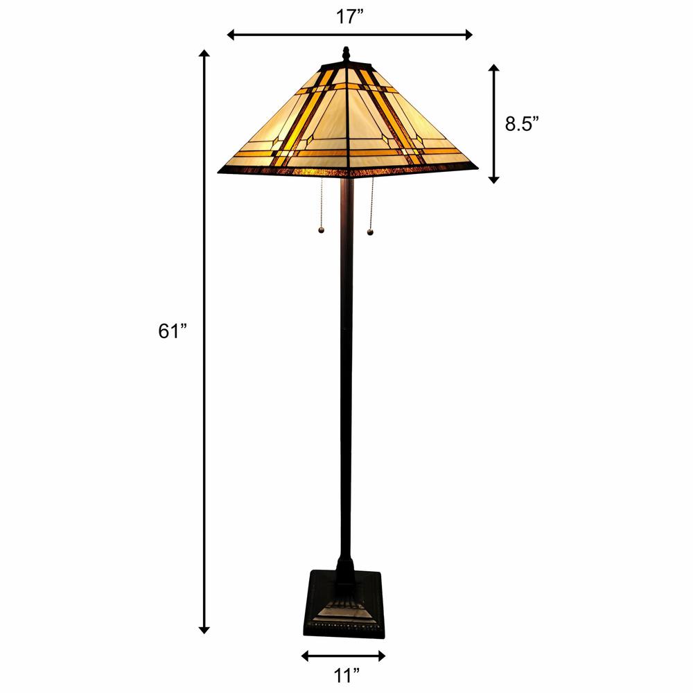 HomeRoots 478077 62 in. Two Lights Traditional Shaped Floor Lamp with Brown & White Stained Glass Cone Shade, Brown