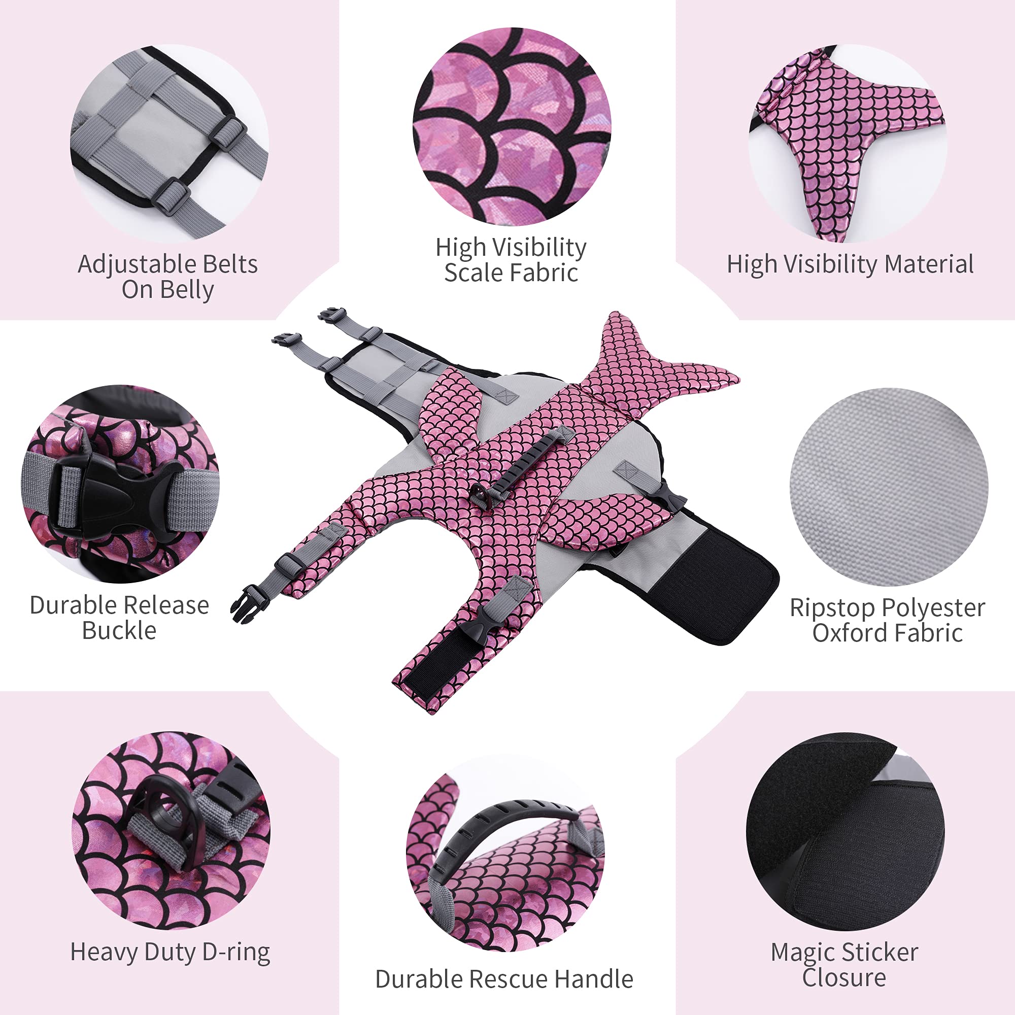 IDOMIK Dog Life Jacket， Dog Life Vest for Swimming， Reflective Dog Floatation Vest for Small Medium Large Dogs， Adjustable Life Jackets for Dogs， Pink