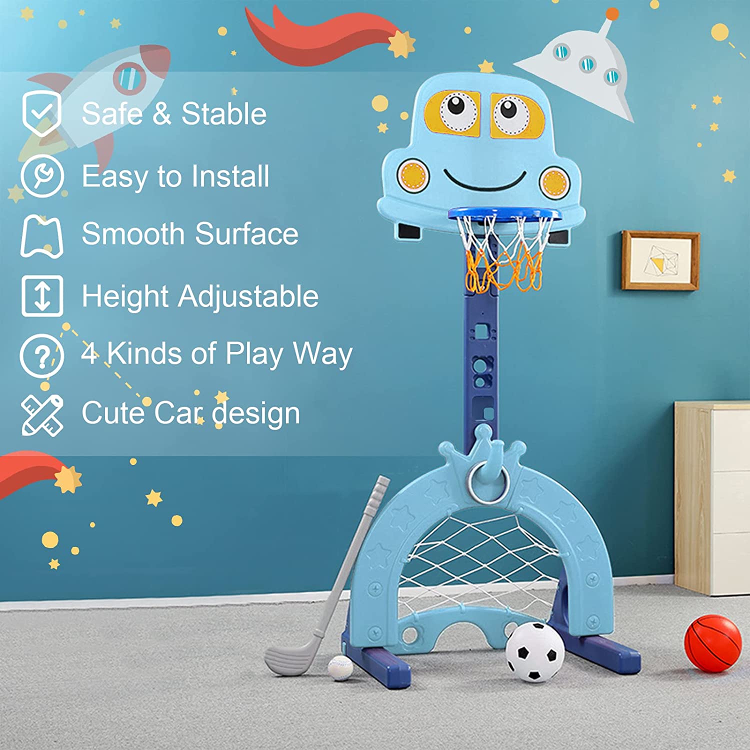 LBLA  4-in-1 Toddler Basketball Hoop for Kids， Sports Activity Center Set for Children - Basketball Hoop Soccer Goal Golf Game Ring Toss， Toddler Basketball Sports Play Indoor and Outdoor