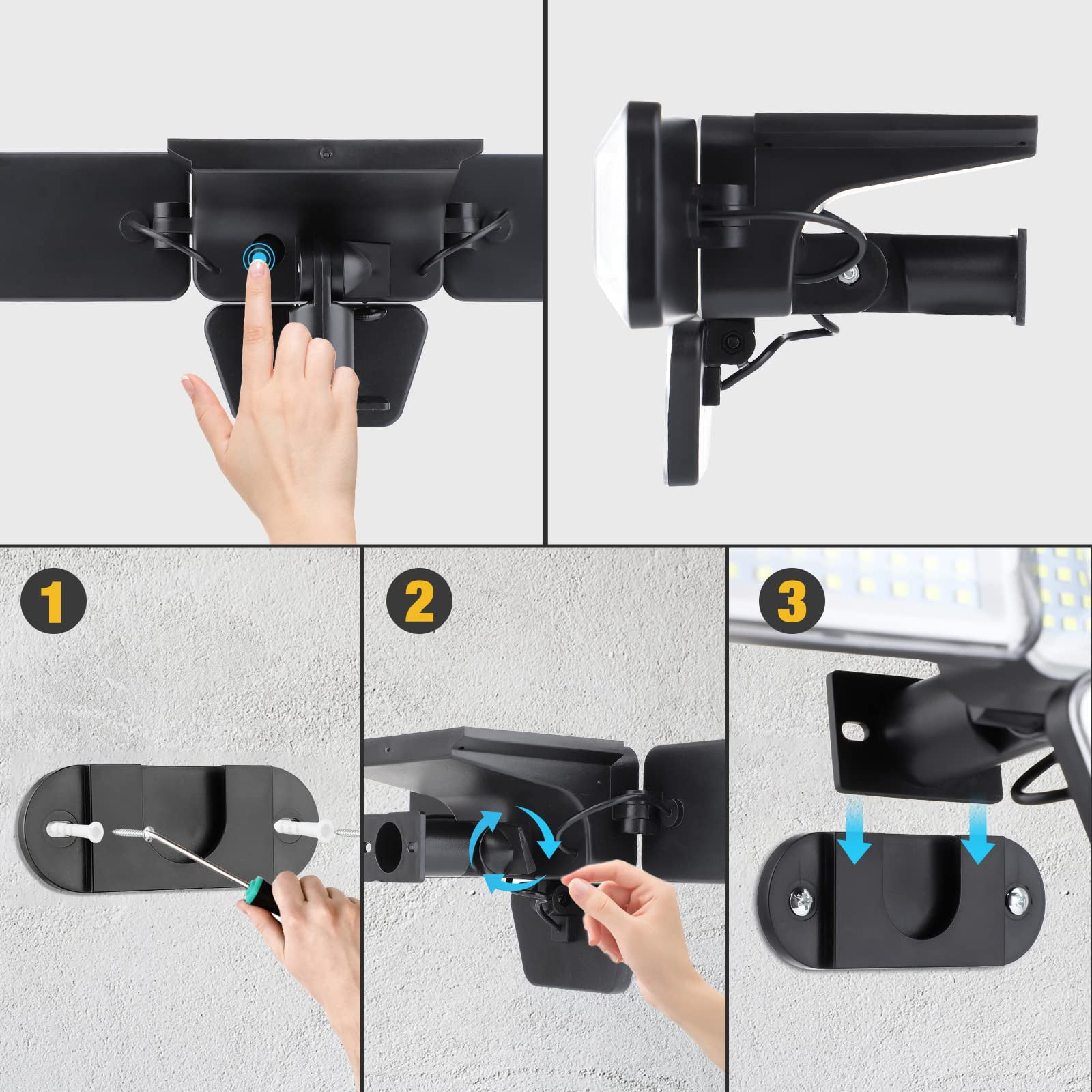 AOPOY Solar Lights Outdoor 3 Heads LED Flood Wall Lights 210LED 2500LM Motion Sensor Security Lights with Wireless Remote Control Waterproof，2pcs