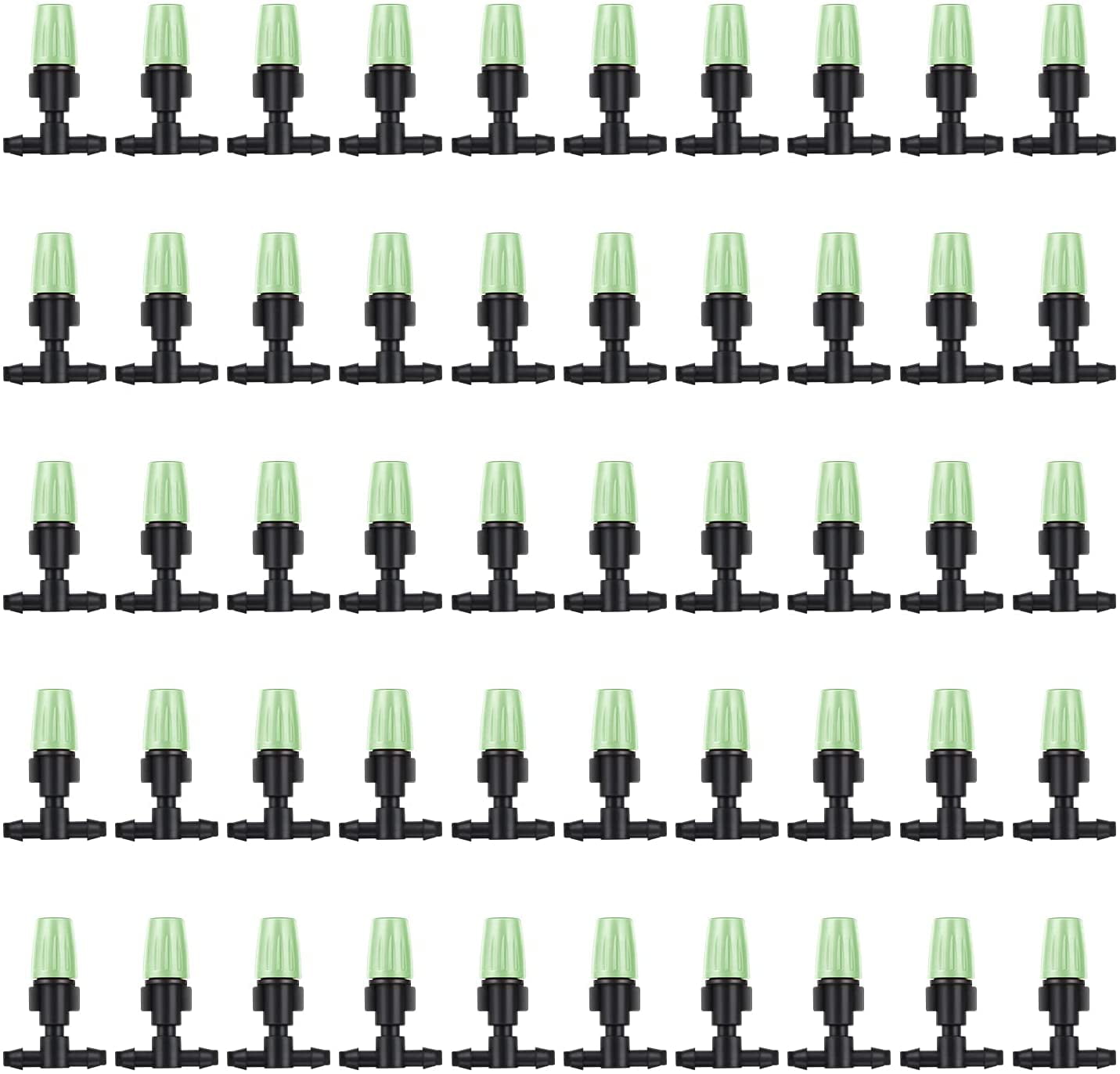 MSDADA 50pcs Micro Spray Adjustable Flow Irrigation Drippers， Garden Adjustable Sprinkler drip Irrigation Mister Heads with 3 Tee Irrigation Misting Drip Kit (Green)