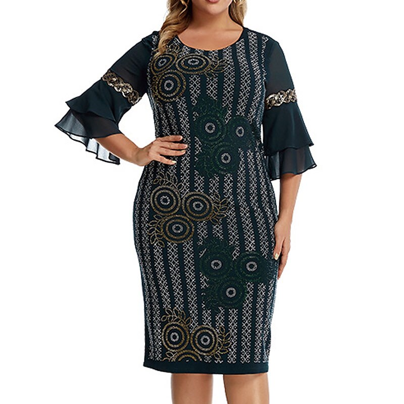 Women's Plus Size Holiday Dress Floral Crew Neck Ruffle Vintage Dress