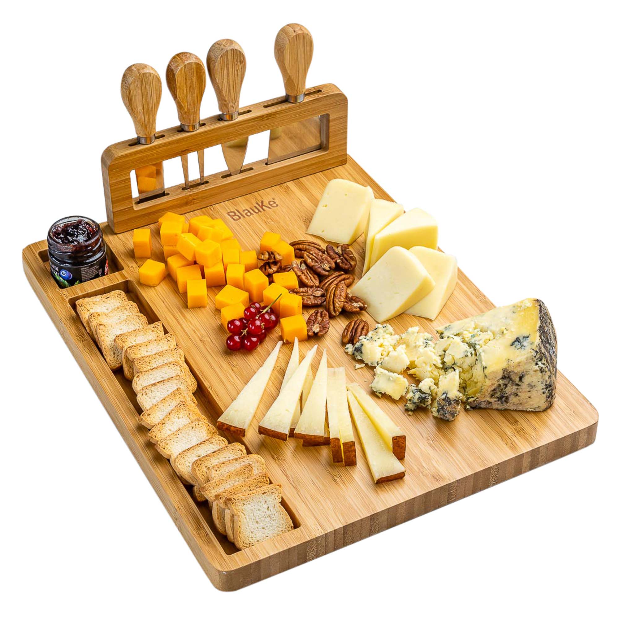 BlauKe® Bamboo Cheese Board and Knife Set 14x11 inch – Wood Cheese Cutting Board， Serving Tray Platter， Charcuterie Board Set with 4 Cheese Knives