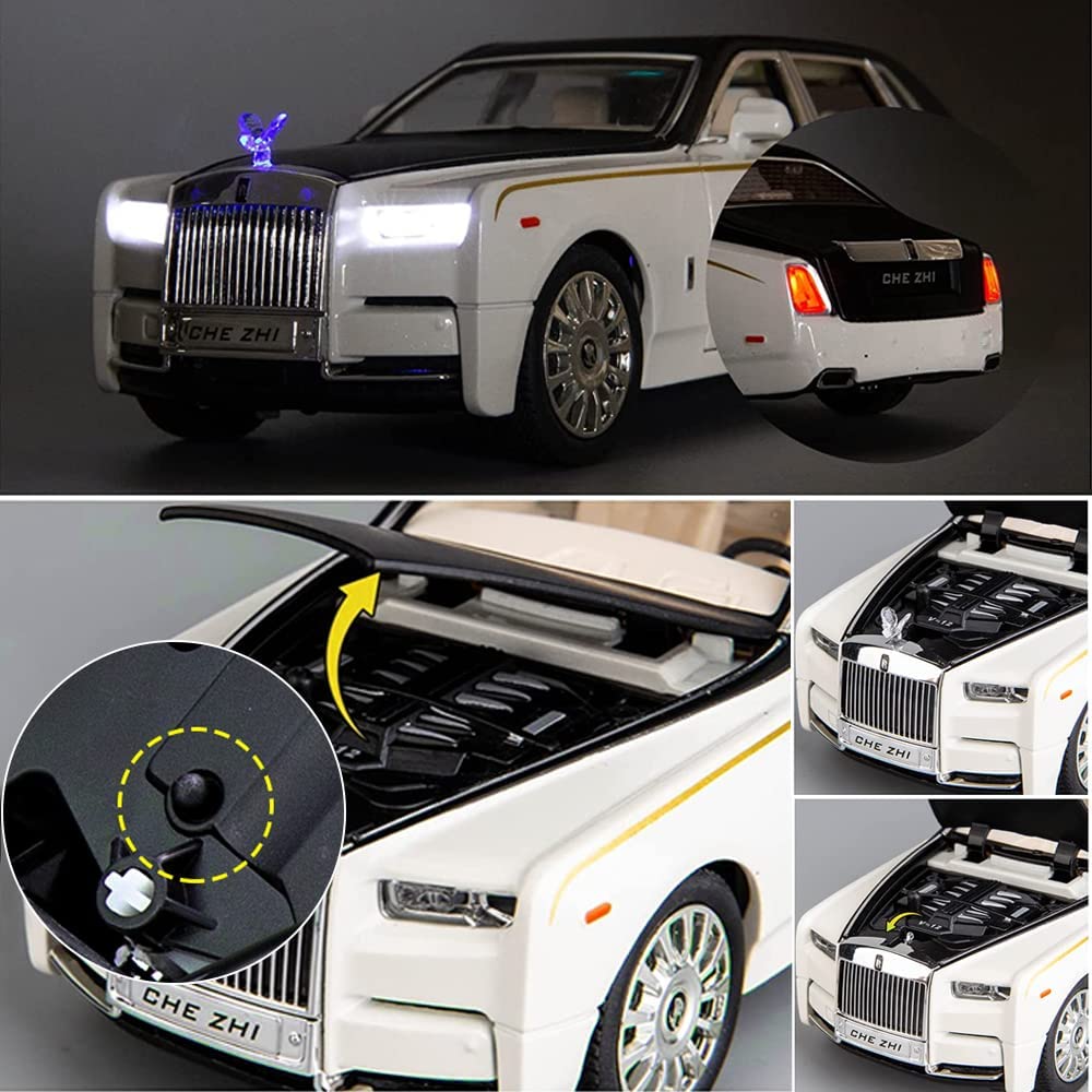 Cocobaby Upgrade Version -Exquisite car Model 1/24 Rolls-Royce Phantom Model Car，Zinc Alloy Pull Back Toy car with Sound and Light for Kids Boy Girl Gift. (White-Black)