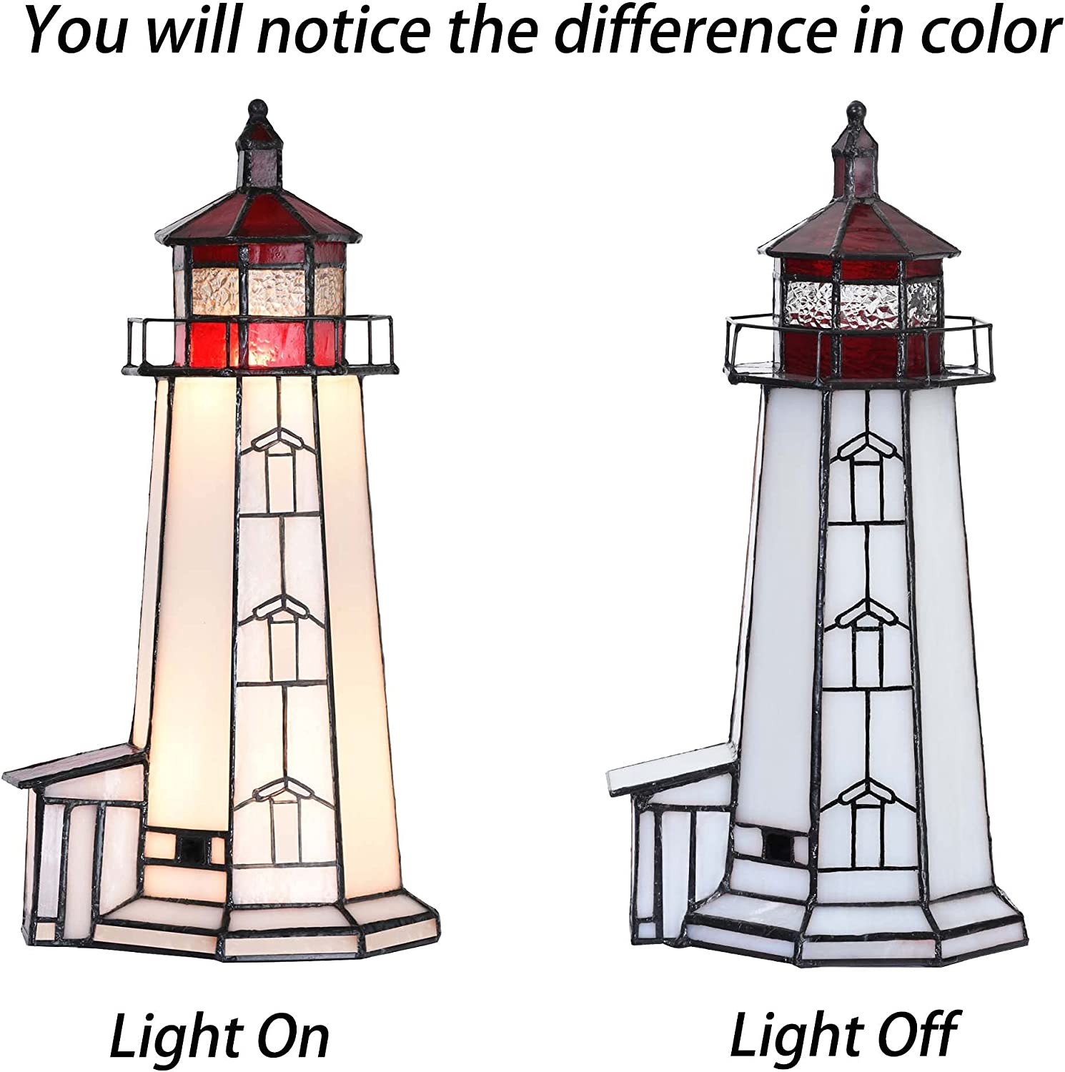 SHADY L10770 Peggy's Point Lighthouse  Style Stained Glass Accent Table Lamp Night Light  12-inches Tall