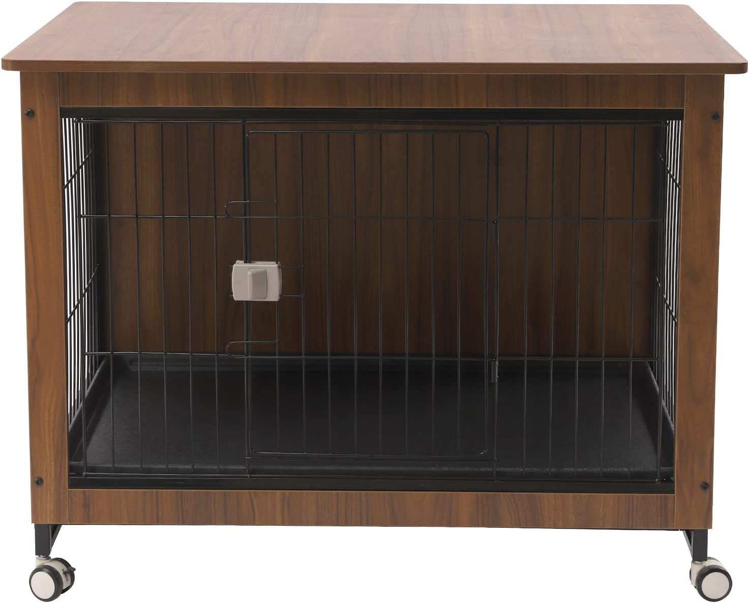 Miumaeov Dog Crate With A Spacious Top， Brown Furniture-style Crates with Wheels， Indoor Dog Kennel， Metal Dog House， Dog Cage with Tray， 38.6 * 25.2 * 30.1in