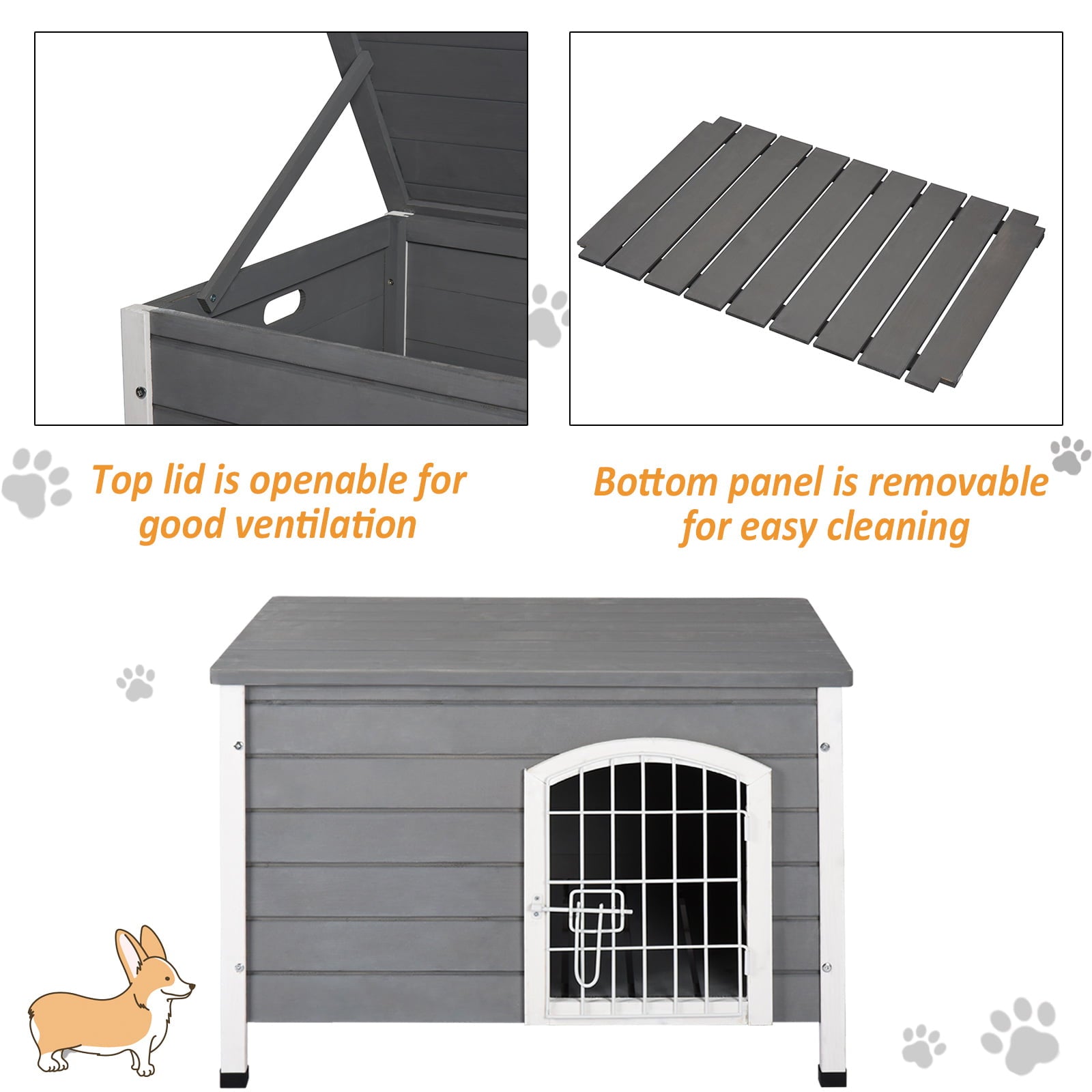 21'' Wooden Decorative Dog Cage Kennel Wire Door with Lock Small Animal House with Openable Removable Bottom - Gray